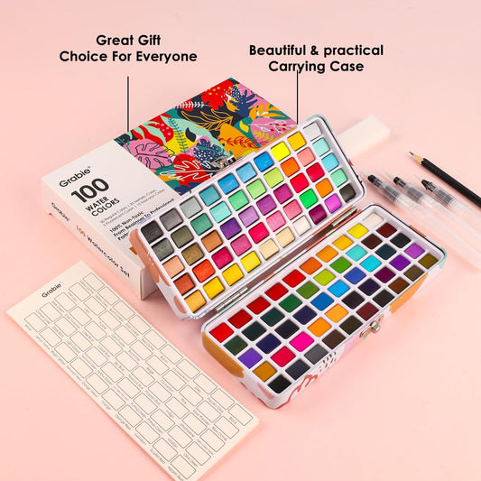Grabie 100 Color Watercolor Paint Set with Water Brush Pens | Water Brush Pens Included, Portable Carrying Case, High Pigment Paints, Smooth Blending, Travel Painting