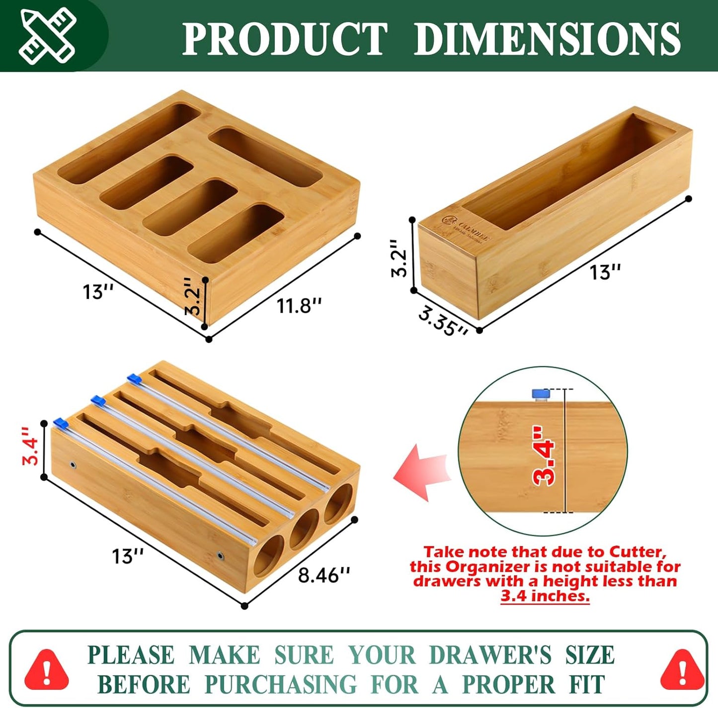 Bamboo Kitchen Drawer Organizer with Foil and Plastic Wrap Cutter, 9-in-1 Storage Bag and Wrap Dispenser for Gallon, Quart, Sandwich and Snack Sizes - PuriLite