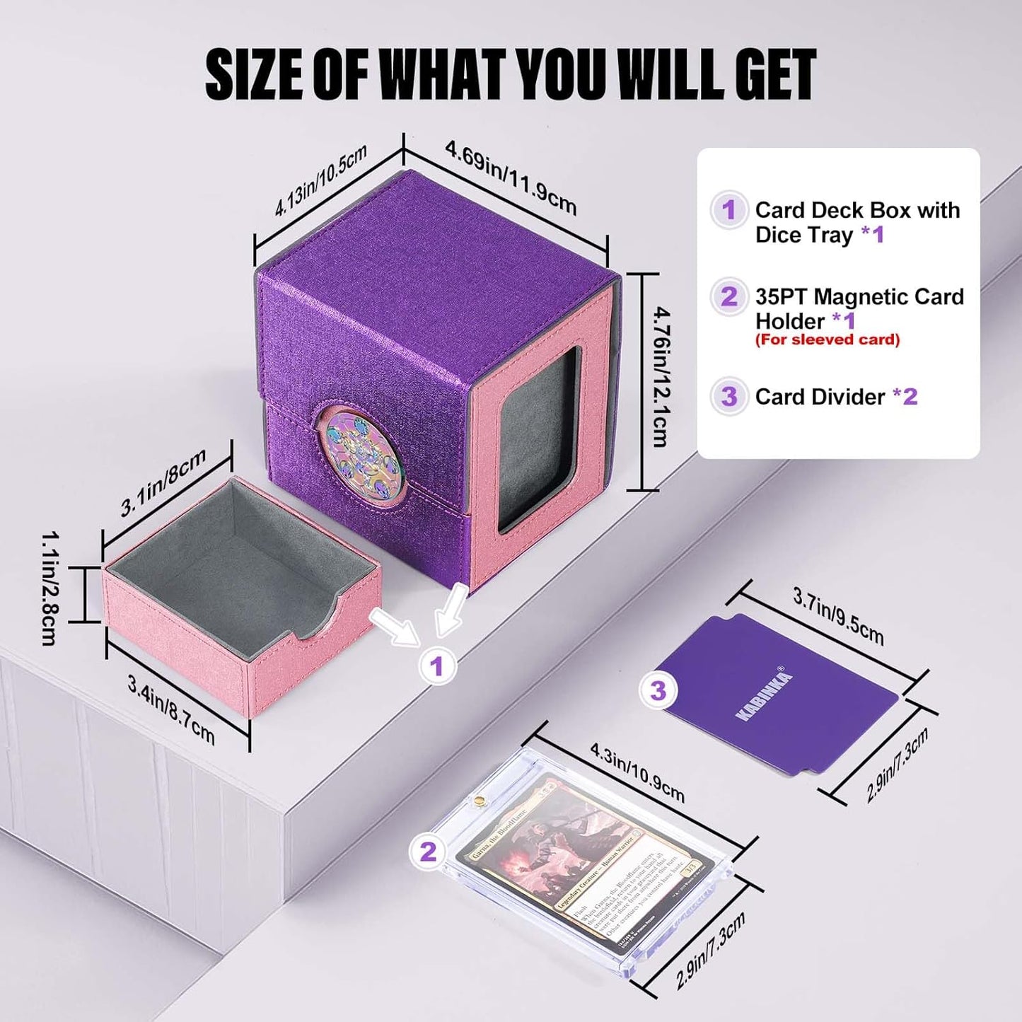 Kabinka Commander Deck Box for MTG with Metal Emblem, Card Deck Box with Dice Tray, Hold 100 Double-Sleeved Cards for TCG/PTCG, Cards Storage Case, 35PT Magnetic Card Holder (Black& Purple, Lotus)