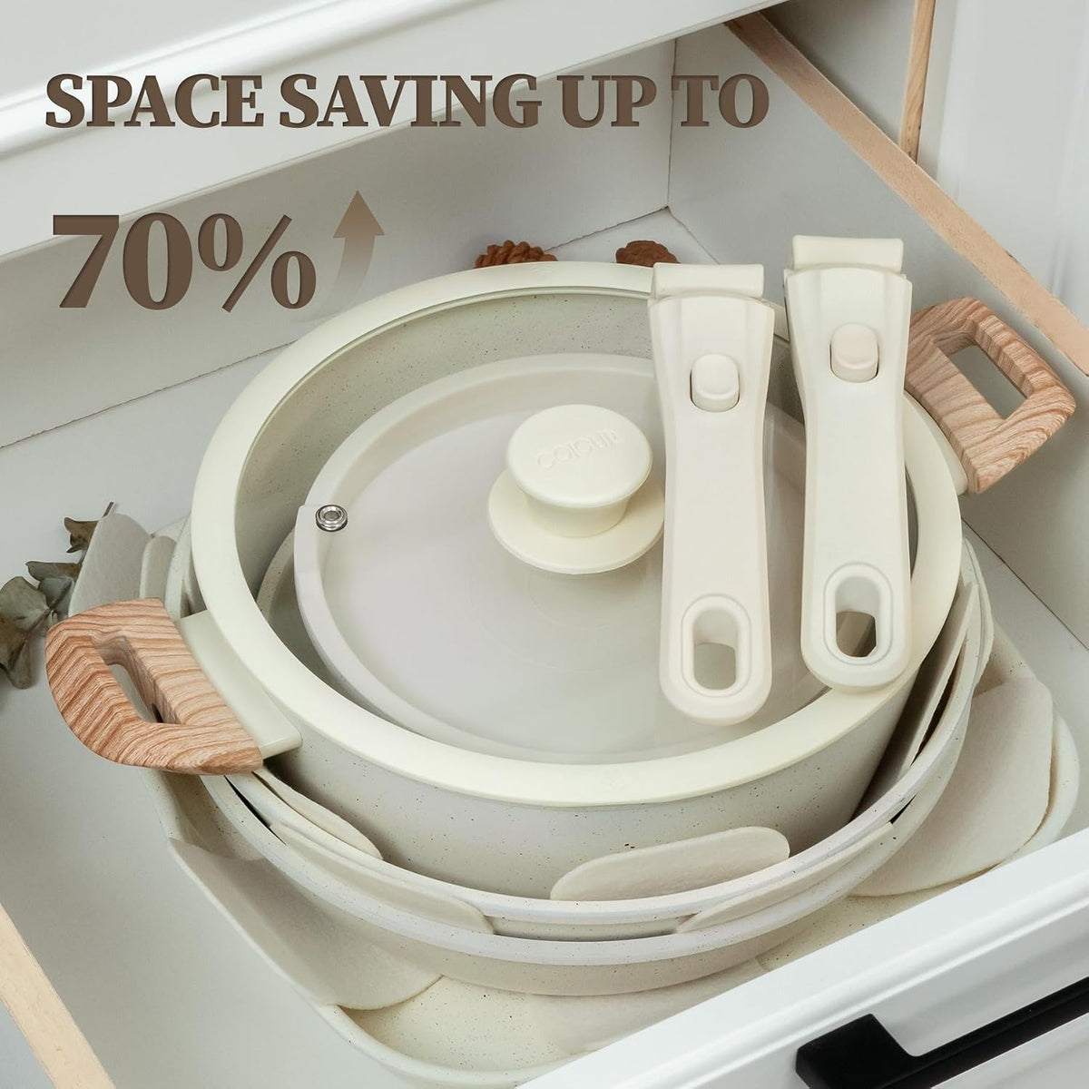 Ceramic Cookware Set Non Stick 23Pcs Pots and Pans Set Non Toxic with Detachable Handle Induction Kitchen Cookware Set Space Saving, Oven & Dishwasher Safe, Cream White