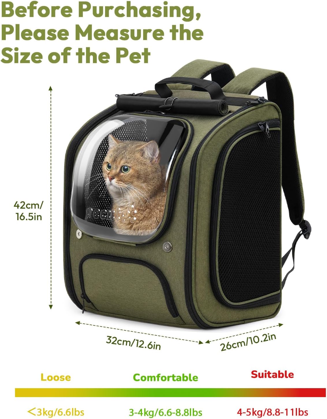 Pecute Bubble Cat Backpack, Large Space Cat Backpack Carrier with Breathable Mesh, Cat Carrier with Space Capsule Clear Bubble Window for Kitten and Puppy, Used in Travel Hiking Walking Outdoor,Green