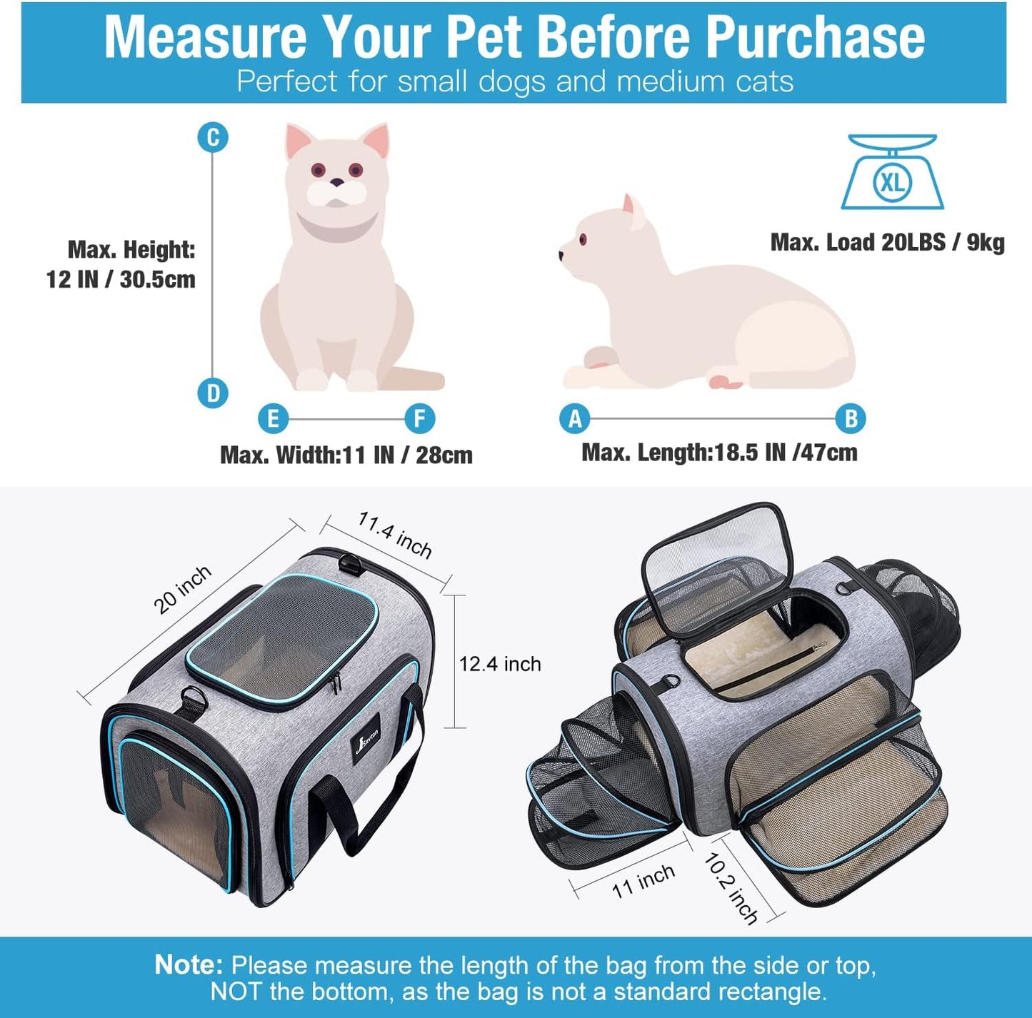 Siivton Cat Carrier,4 Sided Expandable Pet Carrier for Travel,Collapsible Soft-Sided Carriers with Removable Fleece Pad and Shoulder Straps,Airline Approved(17.5"x 11"x 11")