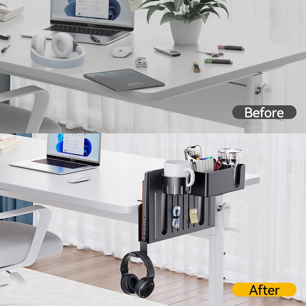 7-in-1 Desk Side Organizer | Under Desk Laptop Holder | Desk Storage Organizer | Office Desk Organizer | Multipurpose Desk Organizer | Laptop Mount with Cup Holder - PuriLite