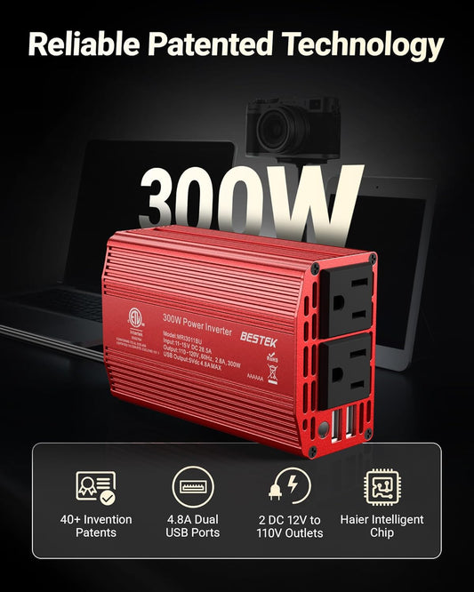 BESTEK Power Inverter DC 12V to AC 110V - 300W Car Plug Adapter Outlet with 4.8A Dual USB Fast Charging Port - Car Charger Cigarette Lighter Adapter for Phone, Laptop on Road Trip - Aluminum Housing - PuriLite