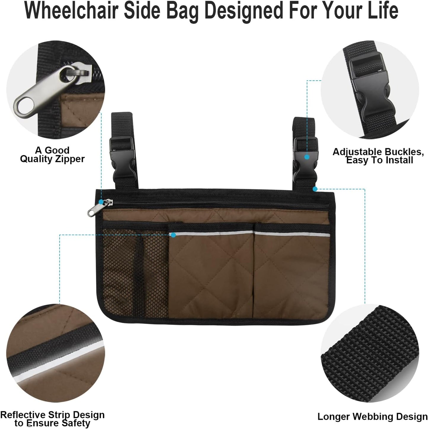 Wheelchair Side Bag, Wheelchair Armrest Storage Pouch with Cup Holder and Reflective Strip for Wheelchairs, Walkers or Rollators (Black)
