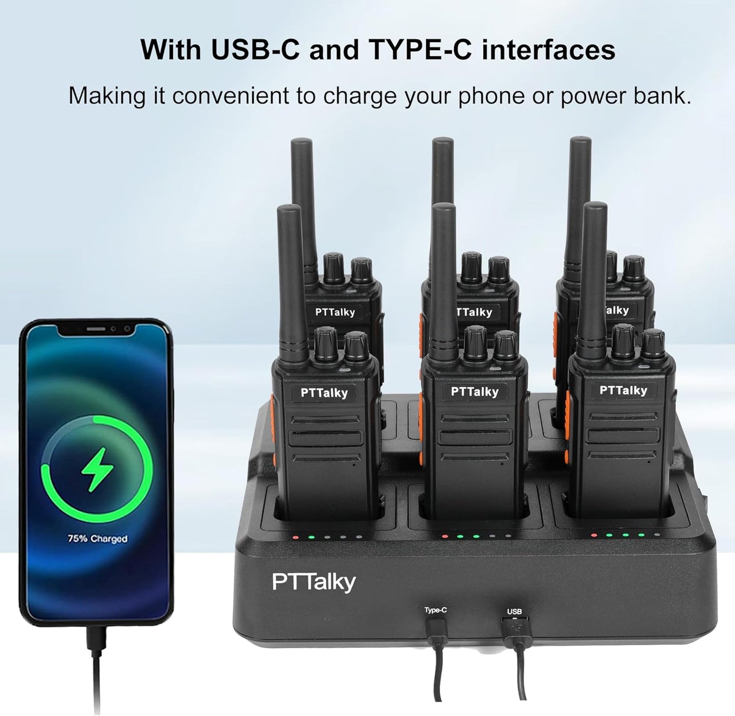 PTTalky FR1 Walkie Talkies with 6-Way Charger, Long Range Walkie Talkies, USB-C Charging, VOX, with Earpieces, 2 Way Radios for Business School Warehouse