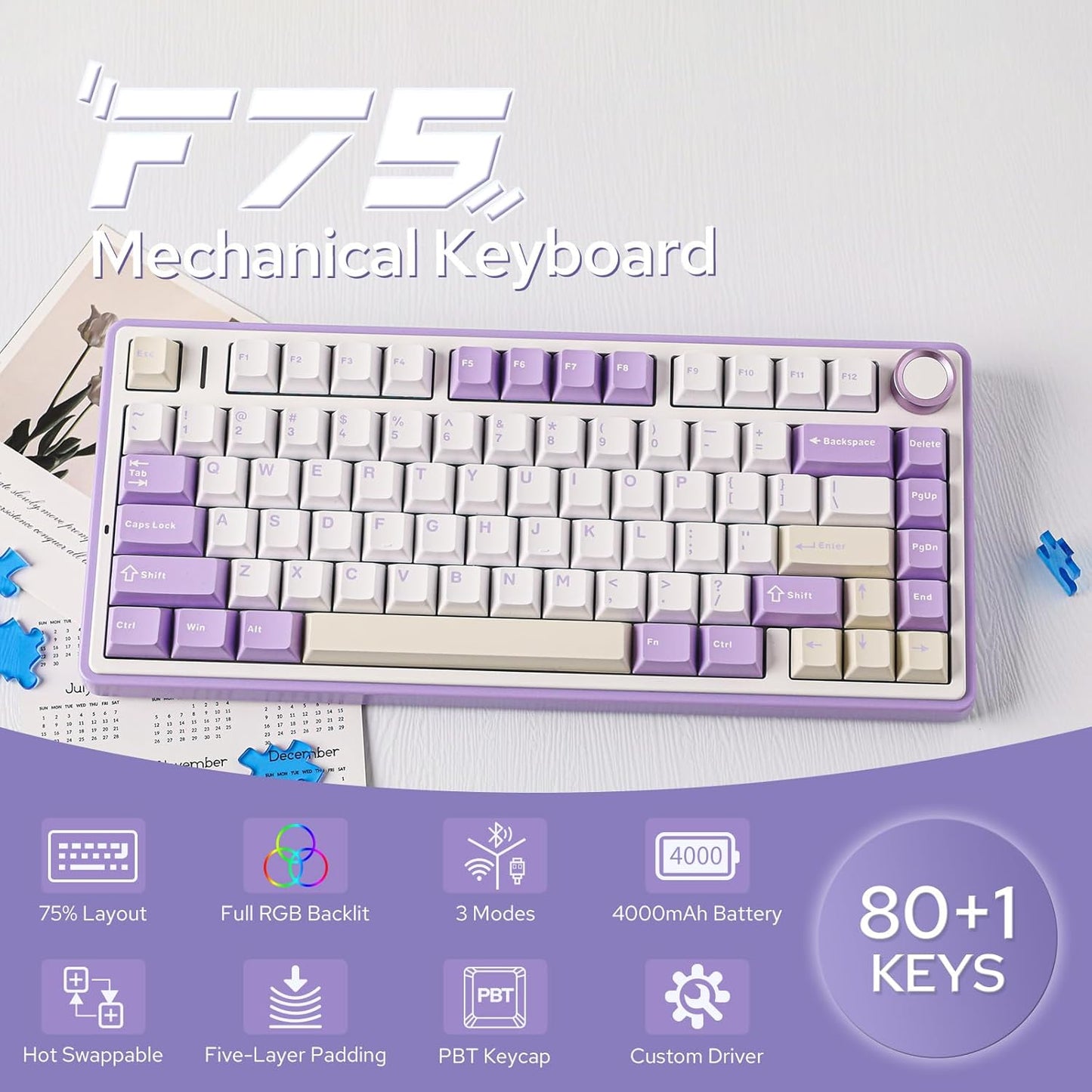 EPOMAKER x Aula F75 Gasket Mechanical Keyboard, 75% Wireless Hot Swappable Gaming Keyboard with Five-Layer Padding&Knob, Bluetooth/2.4GHz/USB-C, RGB (Black Gradient, LEOBOG Reaper Switch)