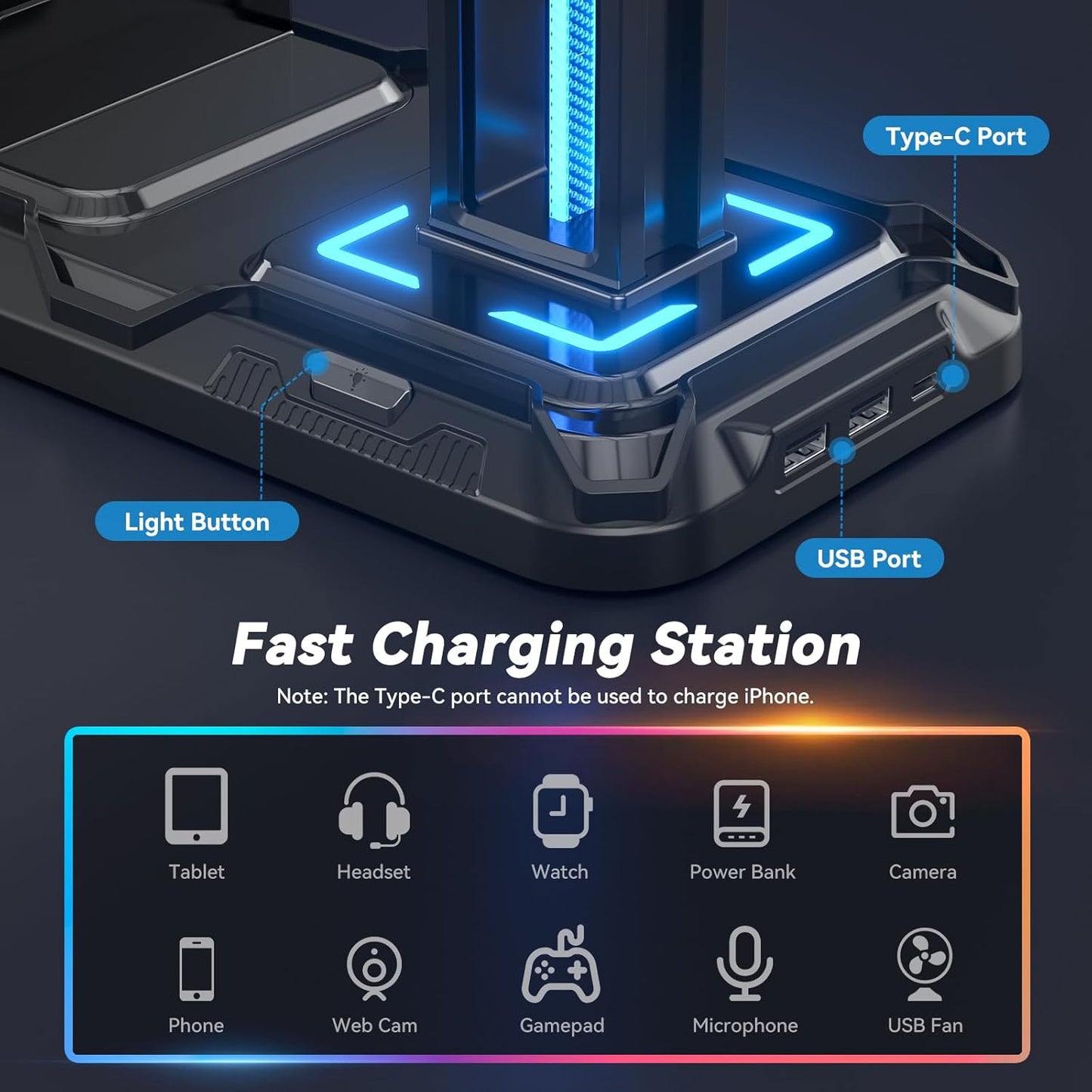 RGB Headset Stand with Phone Holder and Controller Storage | Rotating Headphone Hanger with Wireless Charging & USB Ports - PuriLite