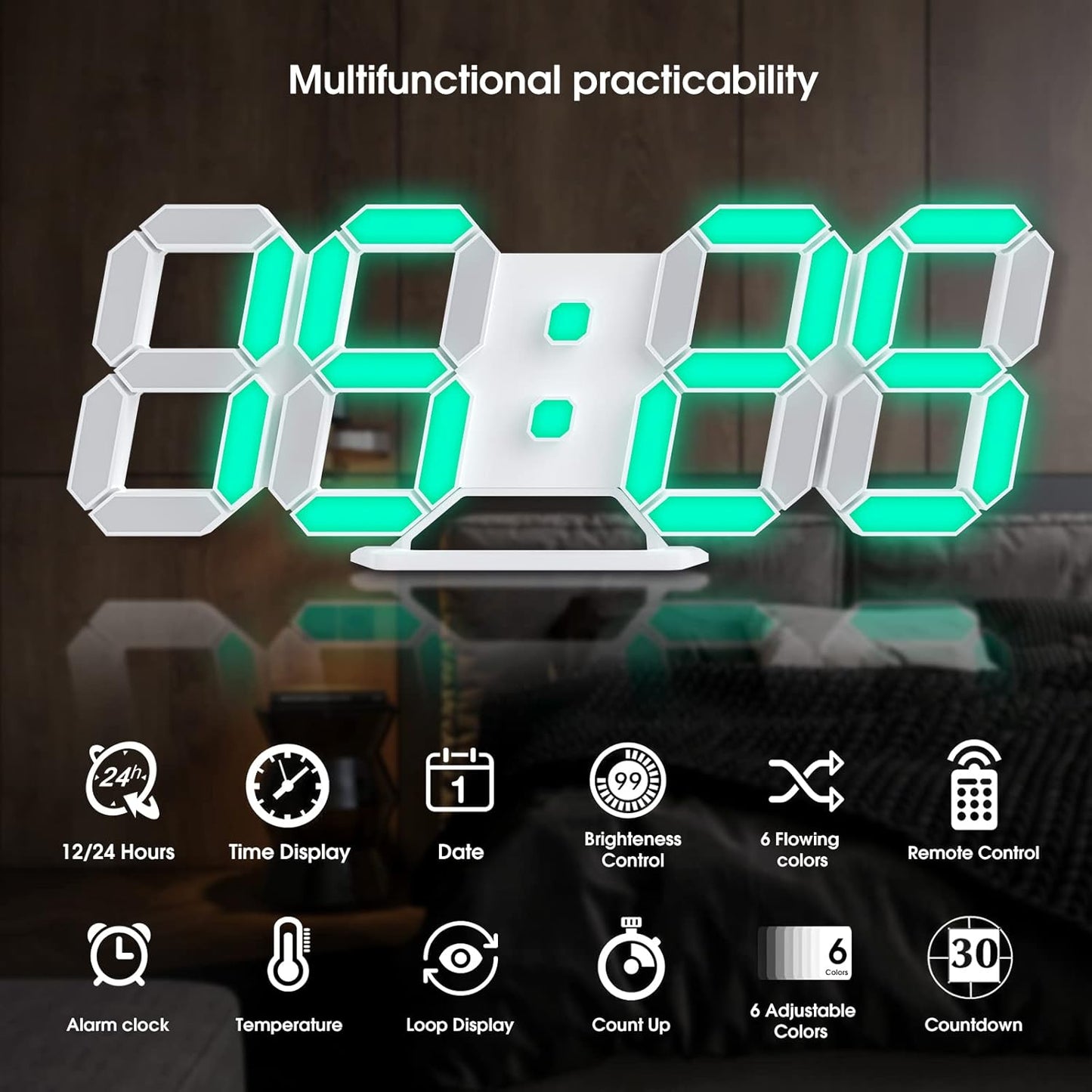 EDUP HOME 3D LED Wall Clock Desk Alarm Clock 7 Colors 9.7" with Remote Control, Digital Alarm Clock Adjustable Brightness Timer 12/24 Hr Time/Date/Temperature for Kid Bedroom/Kitchen/Office