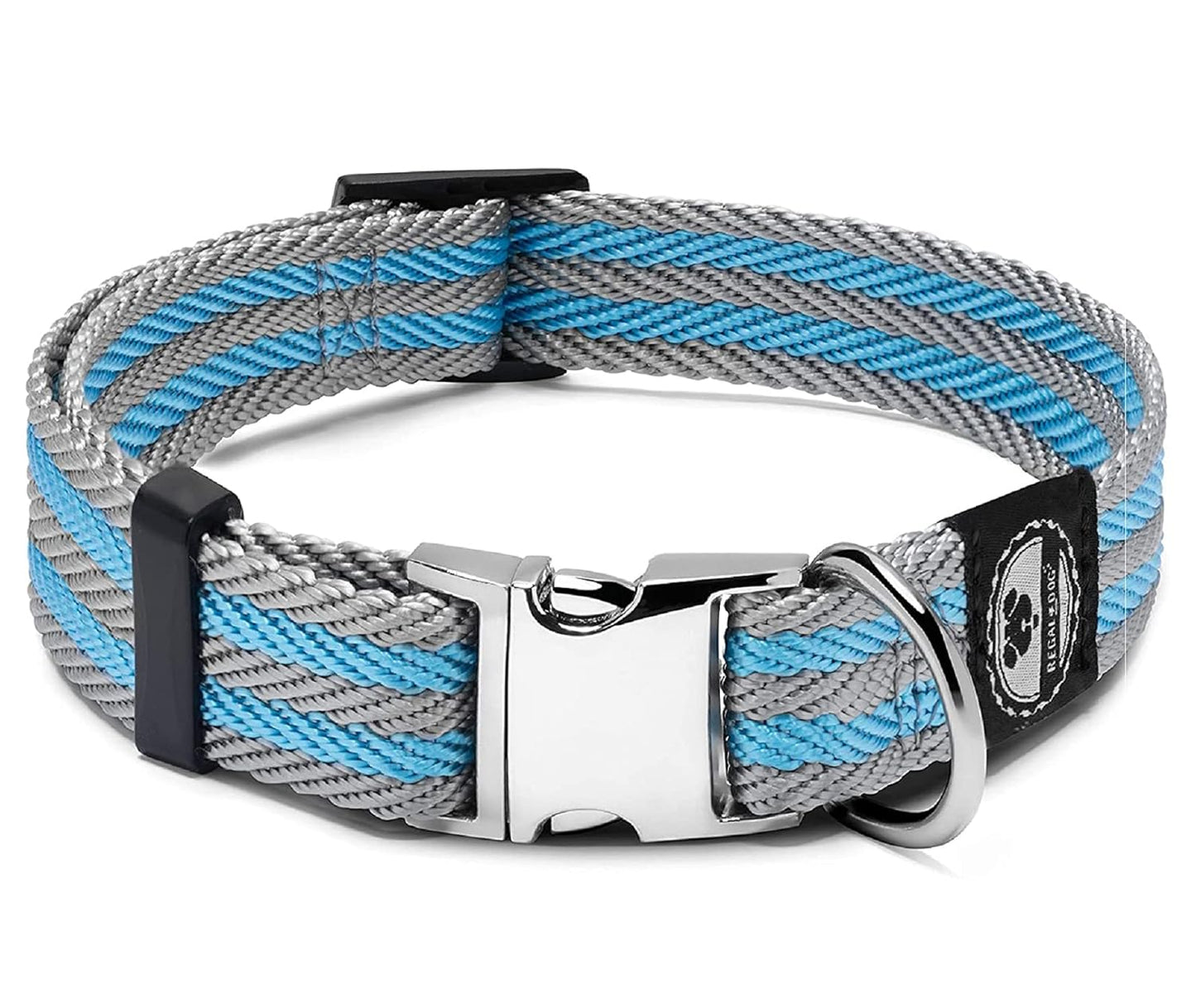 Regal Dog Products Pet Collar with Metal Buckle and D Ring | Durable Dog Collar with Reinforced Metal Clasp and Nylon Webbing Adjustable Dog Collar to fit for Large Dogs (Large, Blue/Gray Stripe)