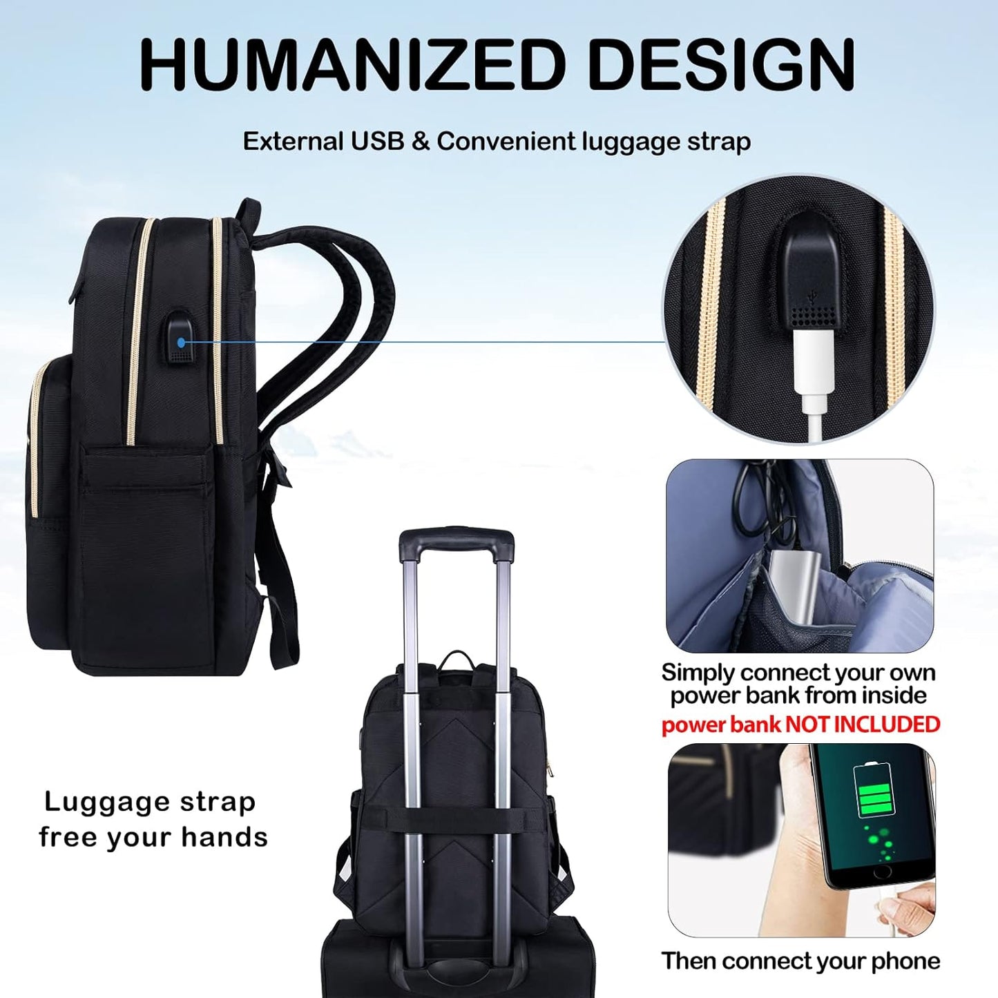 VANKEAN Laptop Backpack for Women Men Work Laptop Bag Fashion with USB Port, Daypacks for College, Business (Black, 15.6 Inch)