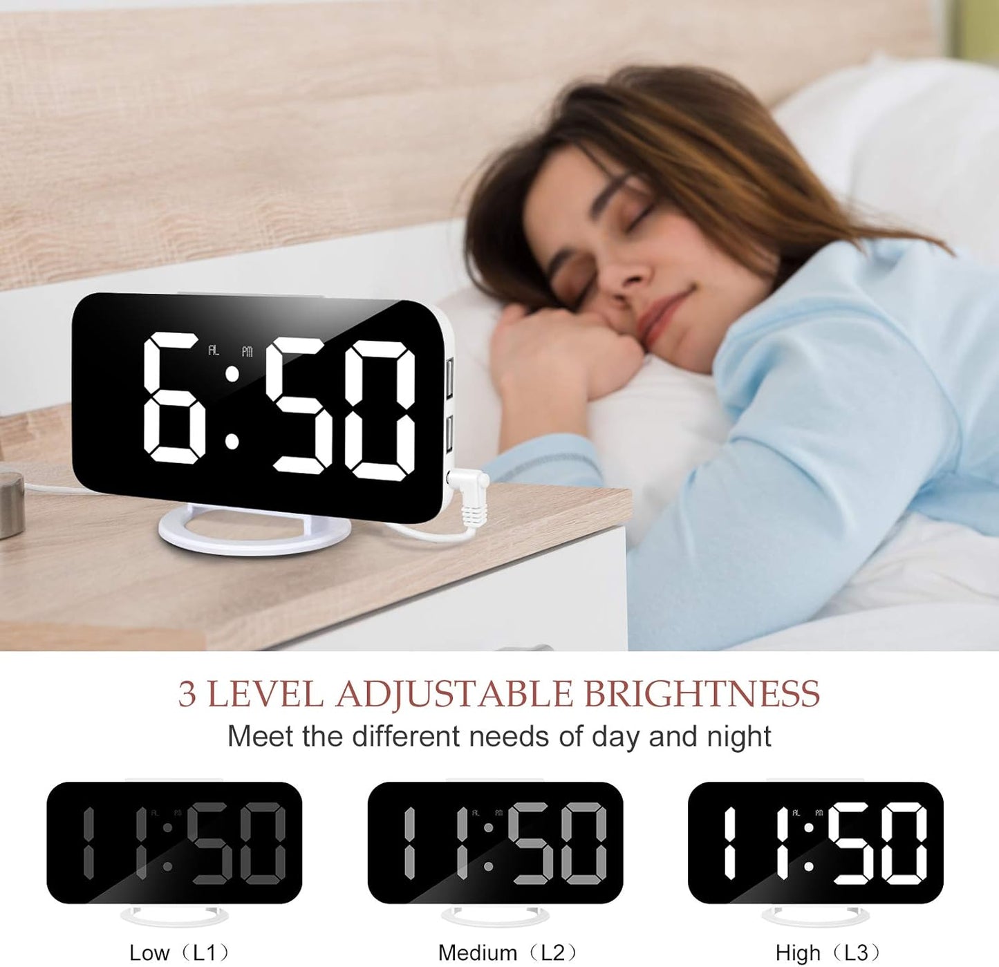 Digital Alarm Clock,Large LED Mirror Display, 2 USB Charging Ports,Auto Dim Mode,Modern Design Clock for Bedroom Office, White