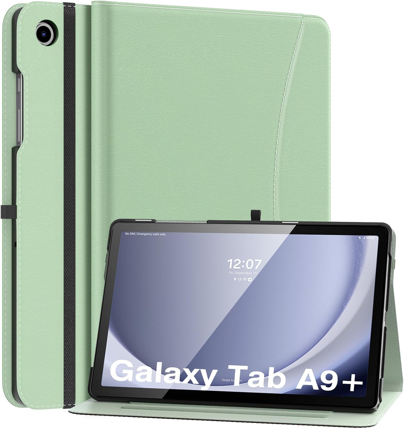 MoKo Case for Samsung Galaxy Tab A9 Plus 11" 2023 (SM-X210/SM-X216/SM-X218), PU Leather Multi-Angle Viewing Folding Stand Cover Case with Hand Strap, Front Pocket, Auto Wake/Sleep, Denim Blue & Brown
