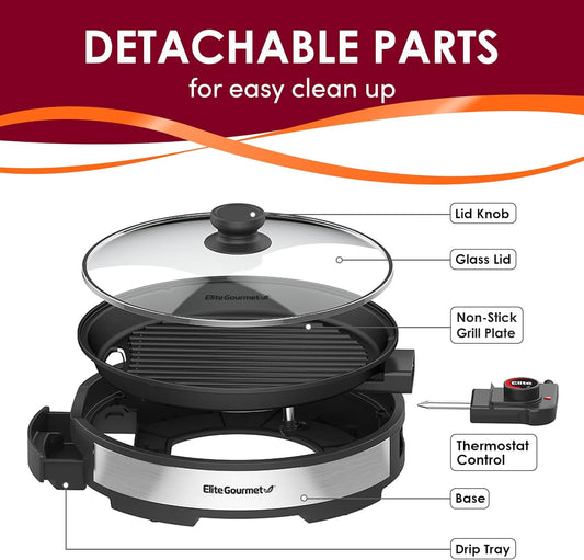 Elite Gourmet EMG6505G Smokeless Indoor Electric BBQ Grill with Glass Lid, Dishwasher Safe, PFOA-Free Nonstick, AdjCatable Temperature, Fast Heat Up, Low-Fat Meals Easy to Clean Design