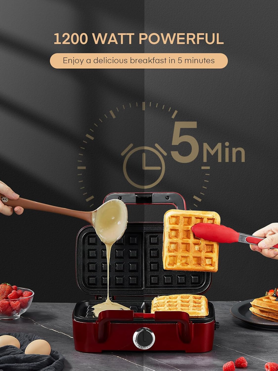 FOHERE 3-in-1 Waffle Maker, Sandwich Maker, Panini Press with Removable Plates, 5-Gear Temperature, LED Indicator Lights, Portable Handle, 1200W Belgian Electric Grill Cheese Machine