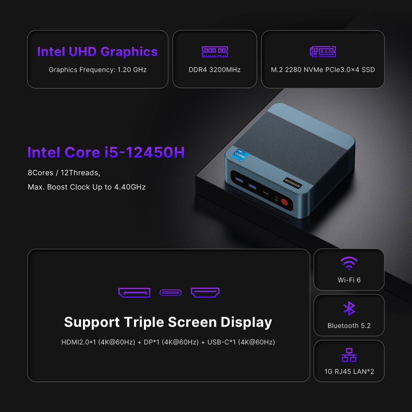 BOSGAME Mini PC Intel Core i5 12600H(12C/16T, up 4.5GHz), 32GB DDR4 RAM 512GB PCIe SSD, Mini Desktop Computers Dual LAN/4x USB3.2/WiFi6E/BT5.2/HDMI+DP+USB-C/4K Triple Display