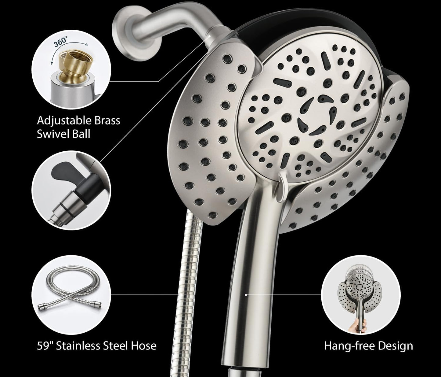 GRICH Shower Heads with Hand Held Spray: 9 Modes High Pressure Shower Head & Rain Shower Head, 2 in 1 Anti-Leak Shower Head with Hose, Height/Angle Adjustable, cUPC Certification Approved