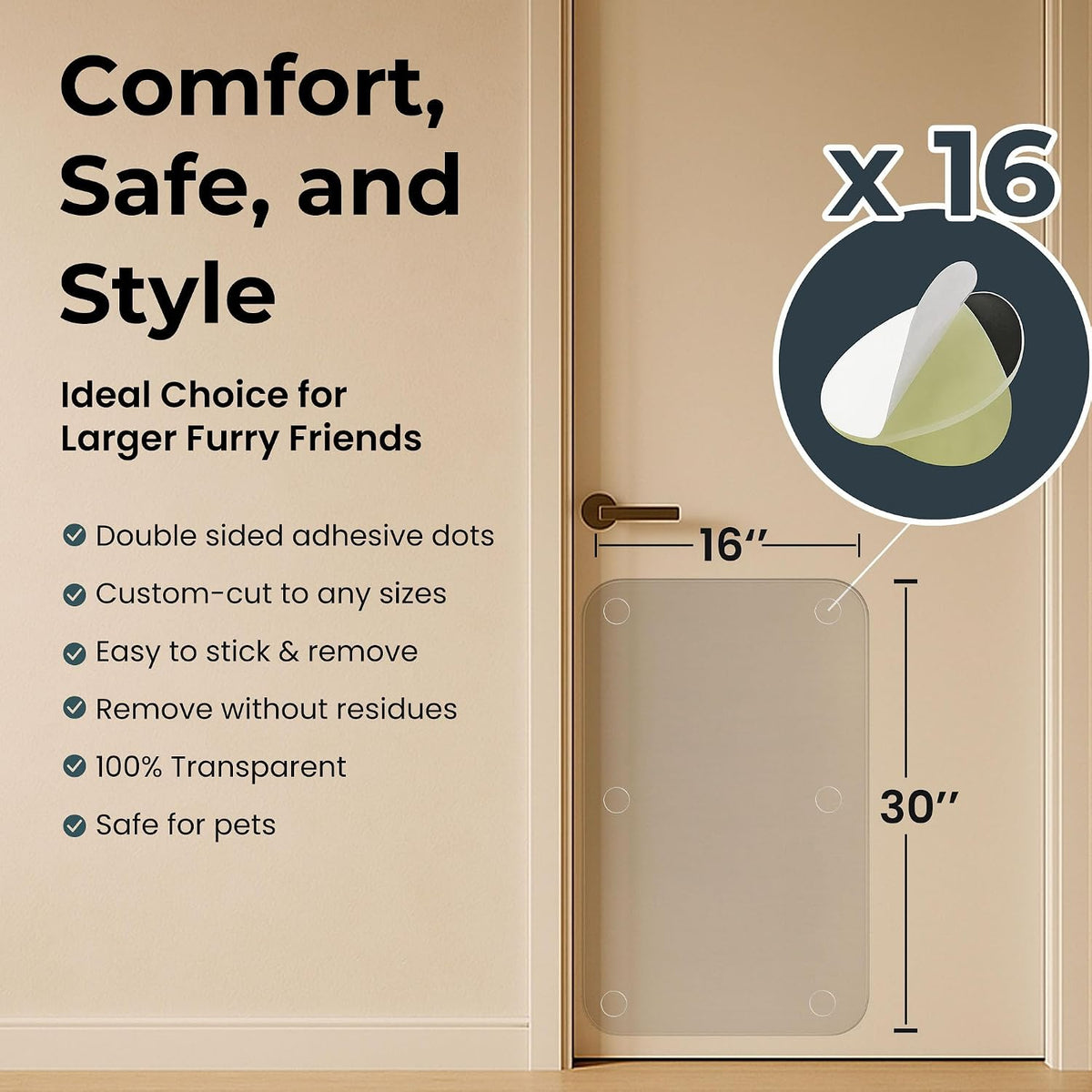 Heavy Duty Door Protector from Dog Scratching 16 x 30'' Transparent PVC Pet Door Guard Protection, Easy Install & Remove Custom-Cut Anti-Scratch Shield for Interior Doors, Cat Damage Prevention 1-Pack