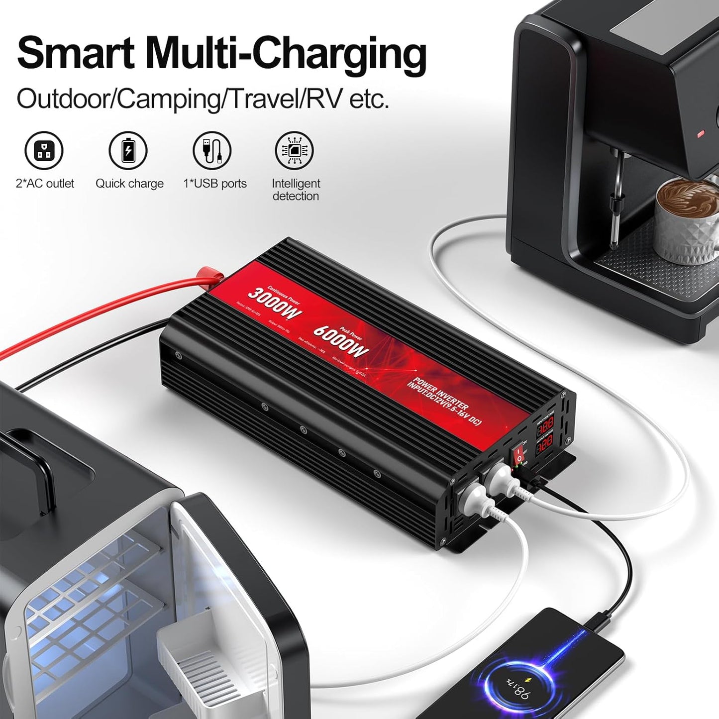 3000W Power Inverter,12V DC to AC 110V120V Peak Power 6000W with 2AC Outlets and 2.4USB Port,LCD Display Car Inverter for Outdoor Activities,Emergency