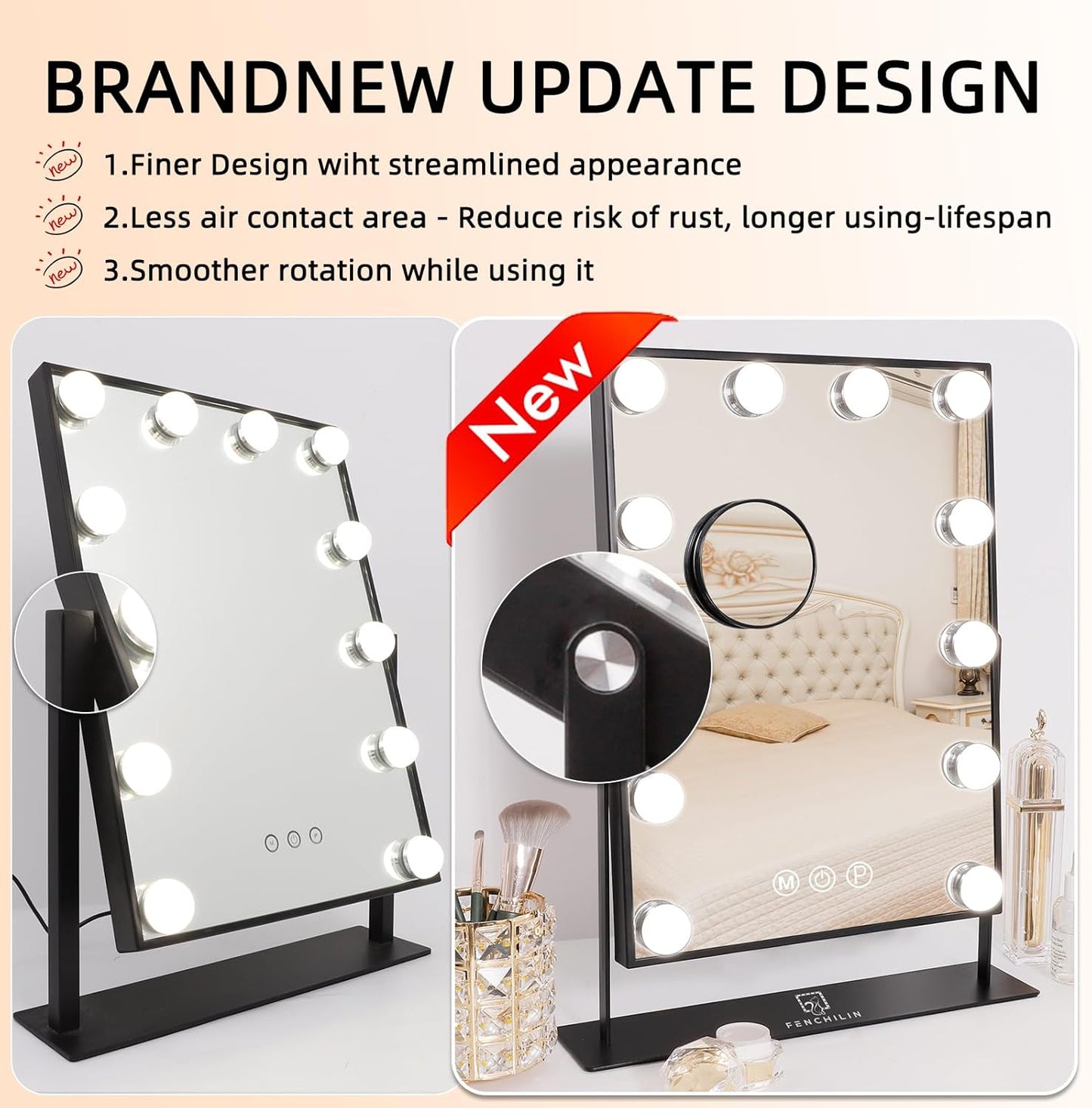 FENCHILIN Lighted Makeup Mirror Hollywood Mirror Vanity Makeup Mirror with Light Smart Touch Control 3Colors Dimmable Light Detachable 10X Magnification 360°Rotation(White)