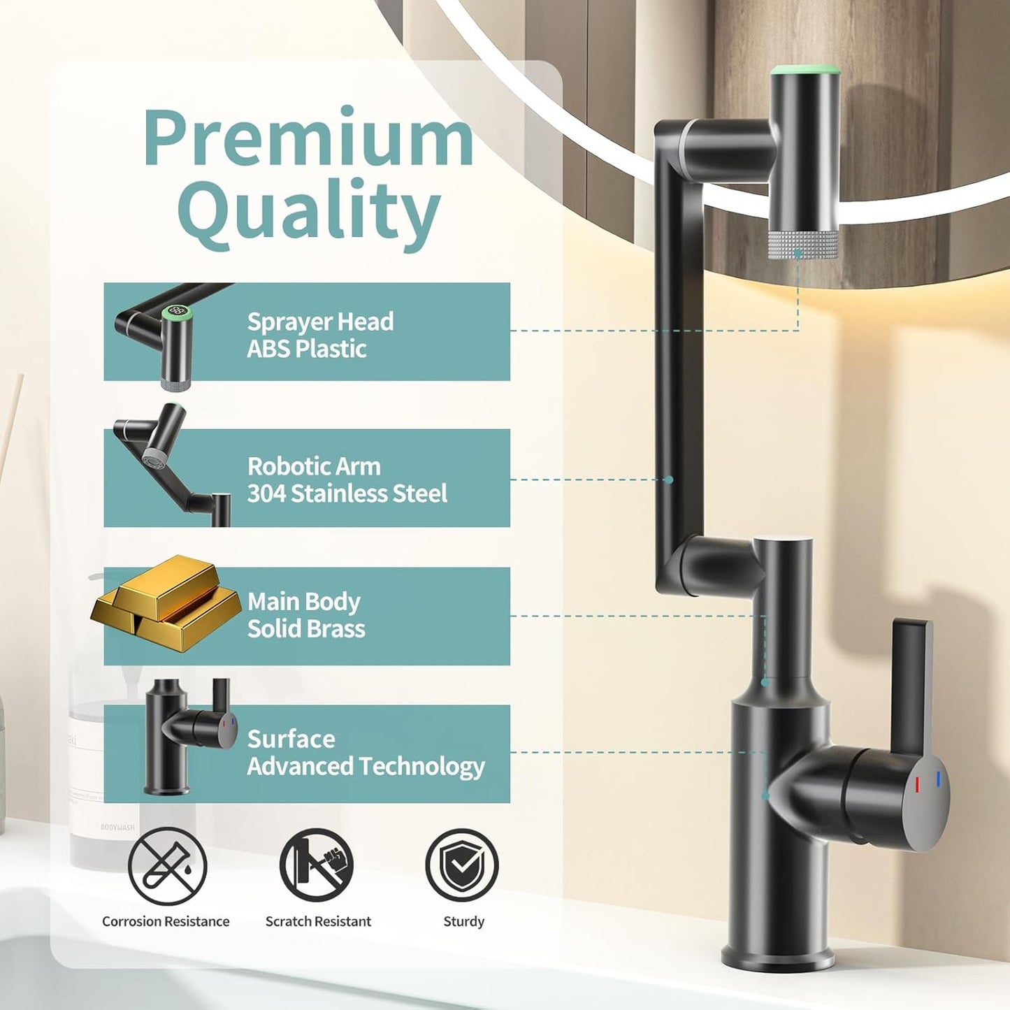 EAARSUO Single Hole Rotatable Bathroom Faucet with Temperature Display, Single Handle Modern Rotating Bathroom Sink Faucet 1 Hole, 1080 Degree Swivel Faucet with 2 Water Outlet Modes (Black)