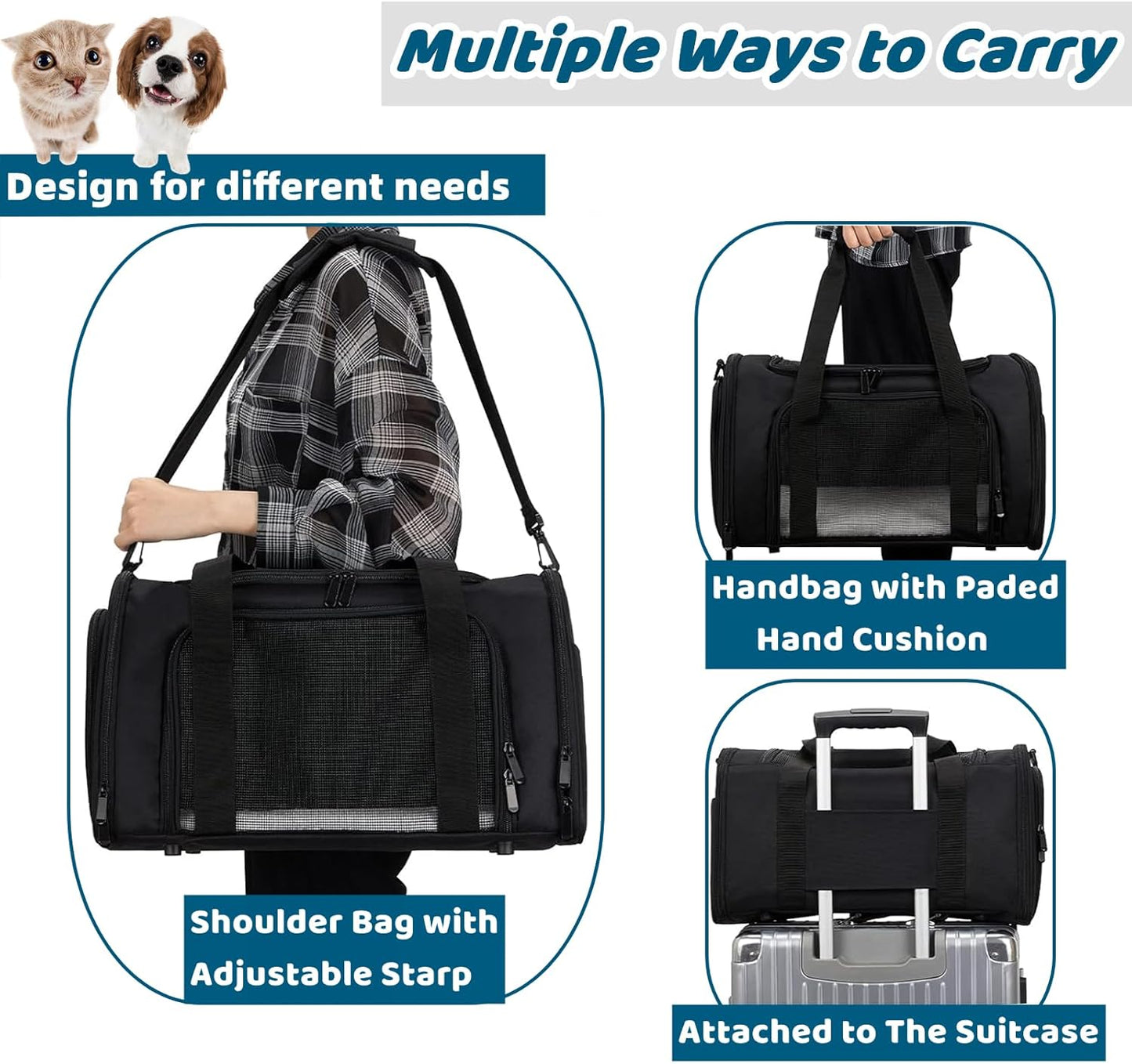 ORYEDA Cat Carrier Bag, Dog Travel Carriers, Airline Approved Soft-Sided Pet Carrier for Small Medium Cats and Small Dogs, Portable Carrier with 4 Open Doors and 3 Mesh Windows, Grey, Collapsible