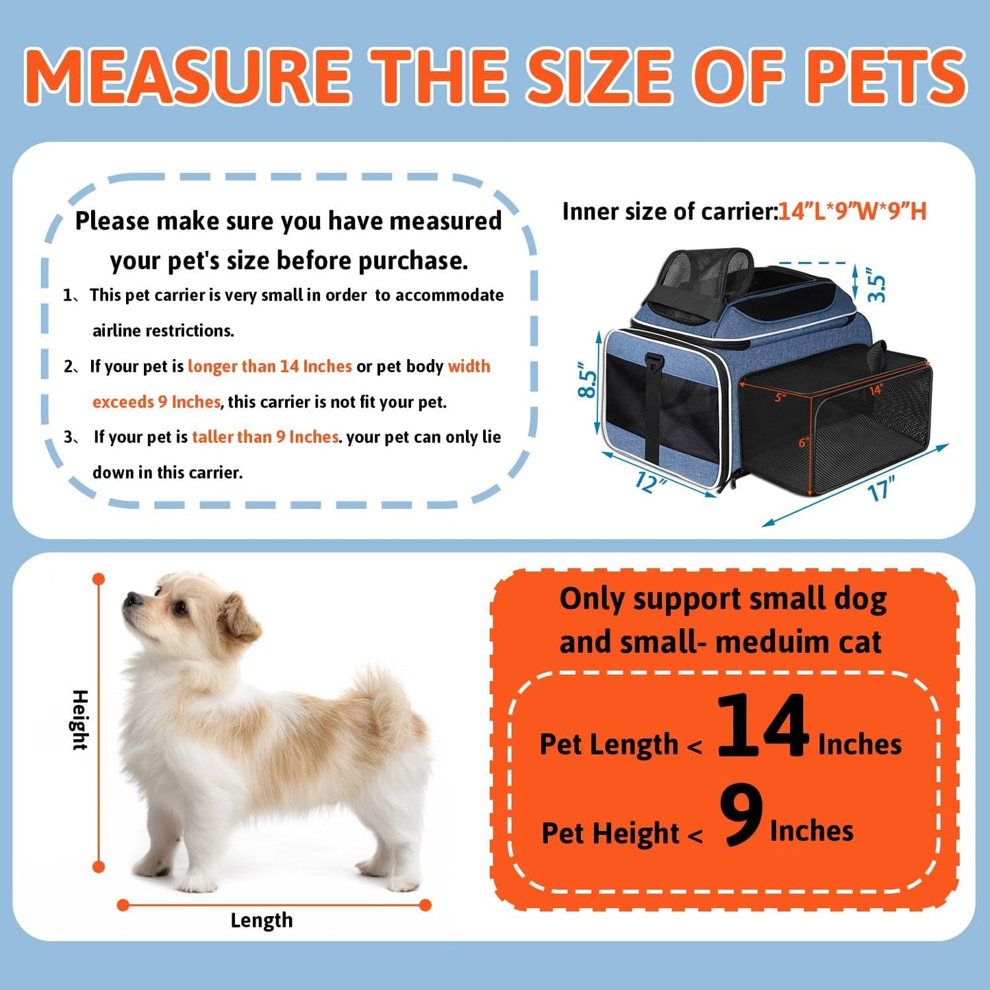 Petskd Top and Side Expandable Pet Carrier 17x12x8.5 Inches JetBlue Frontier Spirit Airline Approved, Soft-Sided Carrier for Small Cats and Dogs with Locking Safety Zipper and Anti-Scratch Mesh(Black)