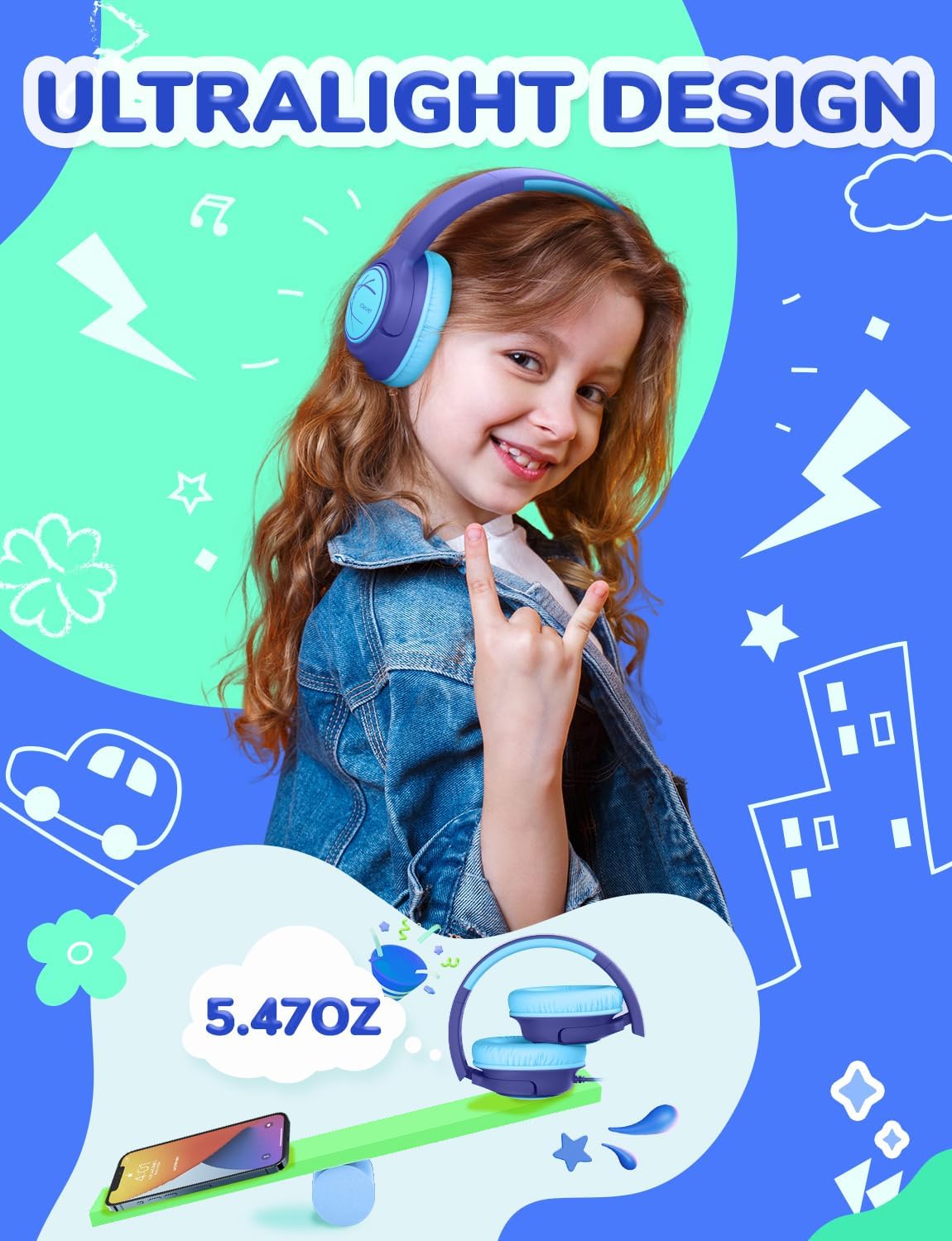 iClever Kids Headphones with Cord, 85dBA Safe Volume Wired Headphones for Kids, Stereo Sound Foldable Adjustable, 3.5mm Jack, Over Ear for School/Boys/Girls/iPad/Tablet/Travel, Blue