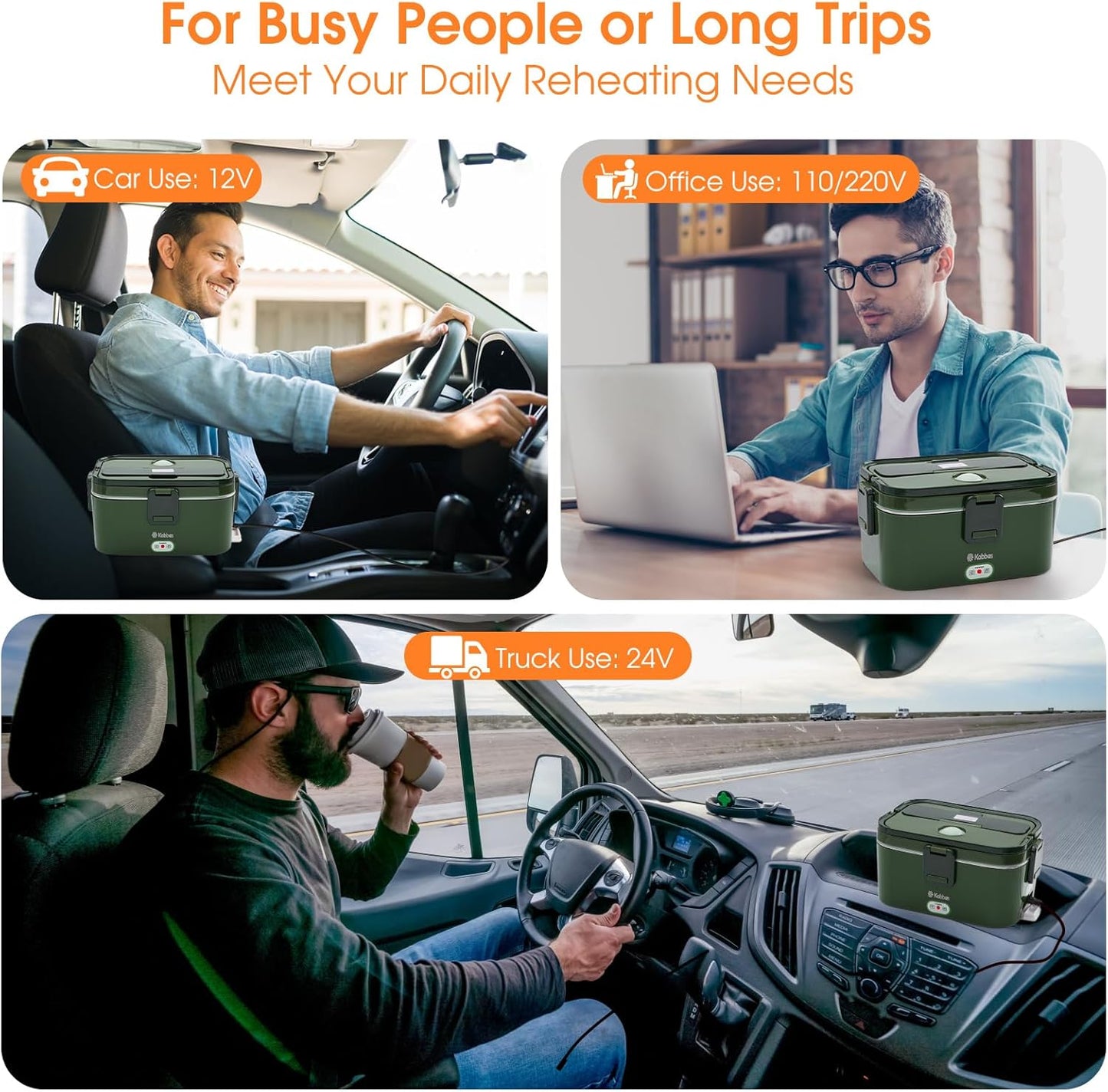 Kabbas 1.8L Portable Electric Lunch Box for Adults, 100W Heated Lunch Box for Men with Removable Dual Container, Fast Heating Food Warmer, 12V/24V/110V for Car Truck Office lonchera eléctrica portátil