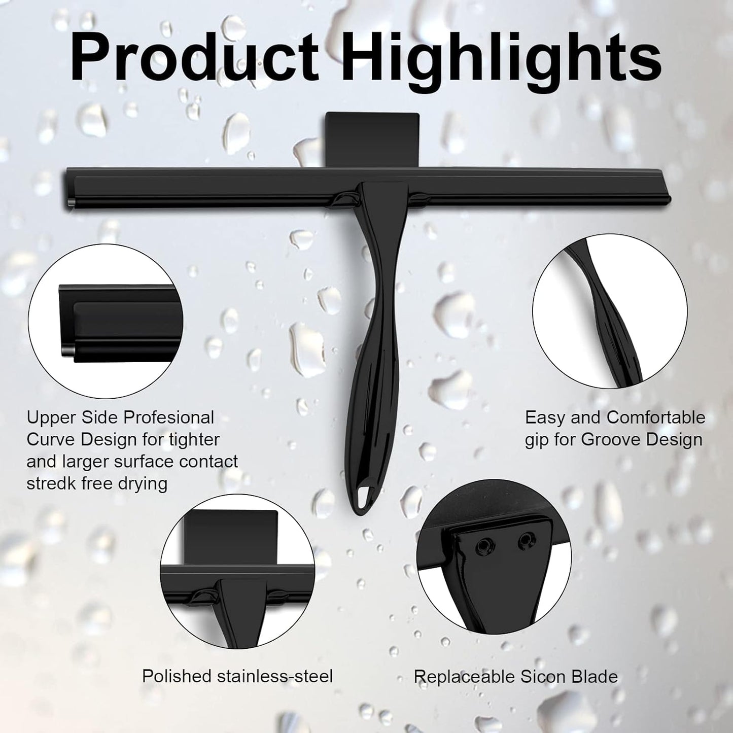 14 Inch Shower Squeegee Stainless Steel with Shower Door Hook and Adhesive Hook Glass Squeegee Bathroom for Doors, Bathroom, Windows, Kitchen, Mirror with Spare Silicone Blade 2 Hooks