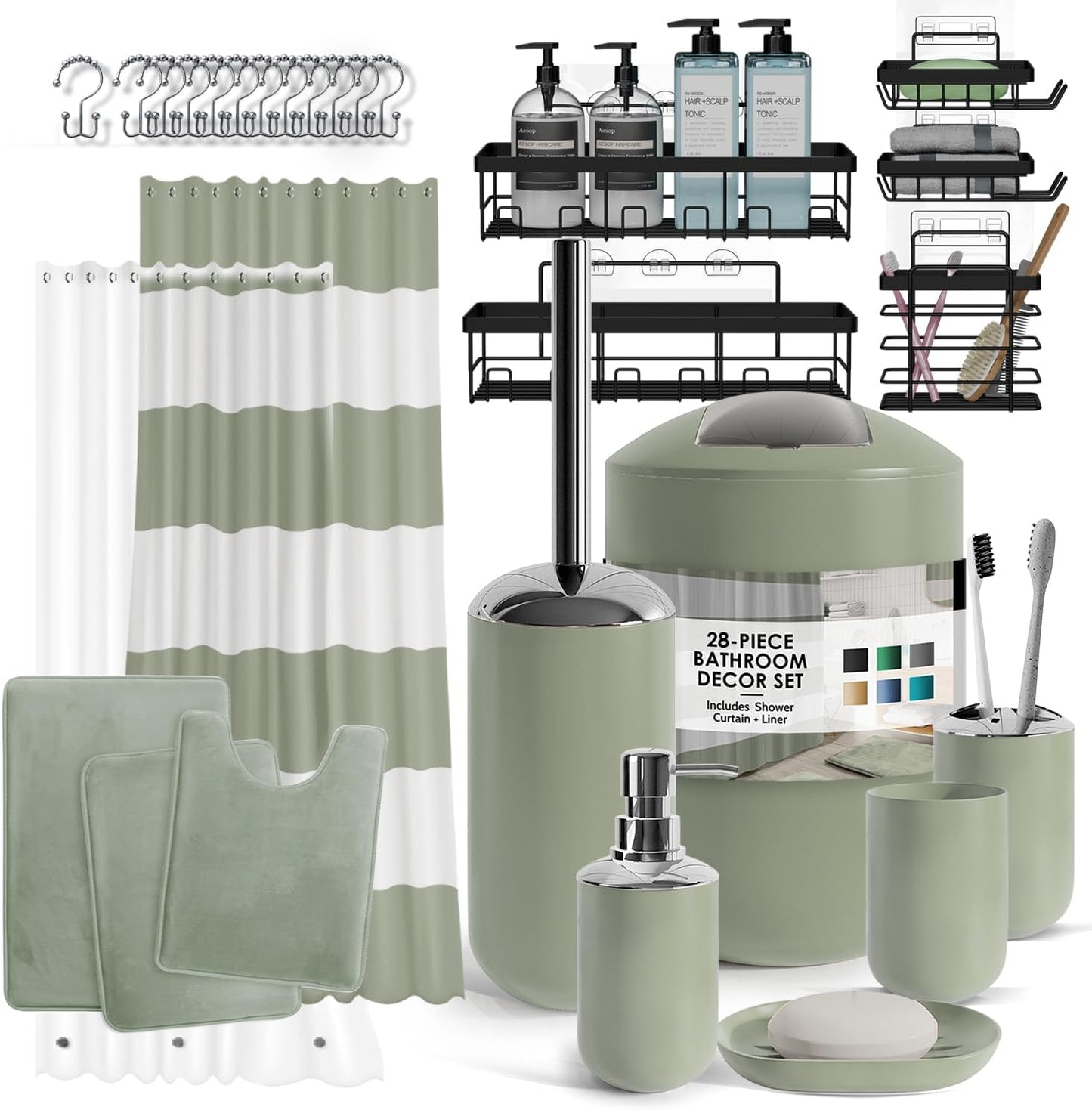 Clara Clark Bathroom Set - Gray Bathroom Accessories Set, Bathroom Sets with Shower Curtain and Rugs, 23PC Shower Curtain Set with Liner, Soap Dispenser, Soap Dish, Toilet Brush Holder, and Trash Can