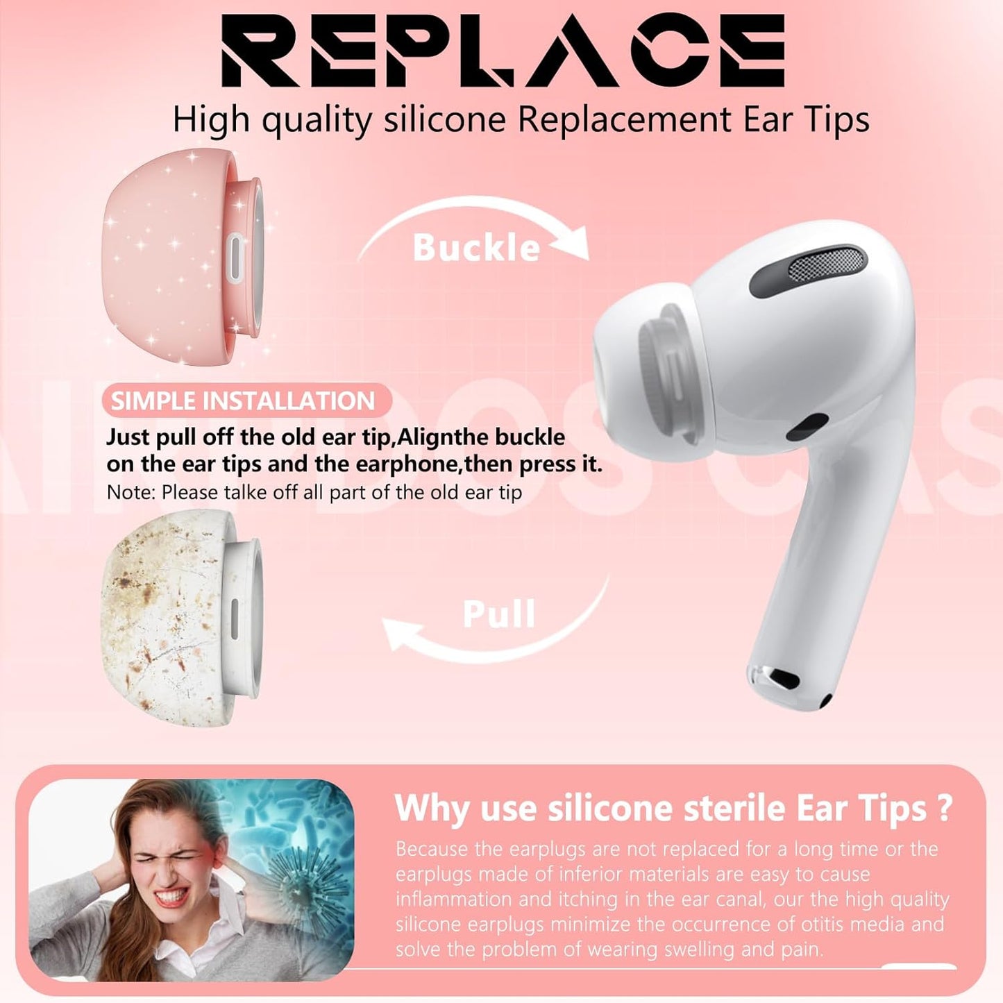 4 Pairs Replacement Ear Tips for AirPods Pro 2nd/1st Generation with Portable Storage Box & Cleaner Pen,Noise Reduction Holewith & Built-in dust Guard Screen,Silicone Ear Tips for AirPods Pro (White)