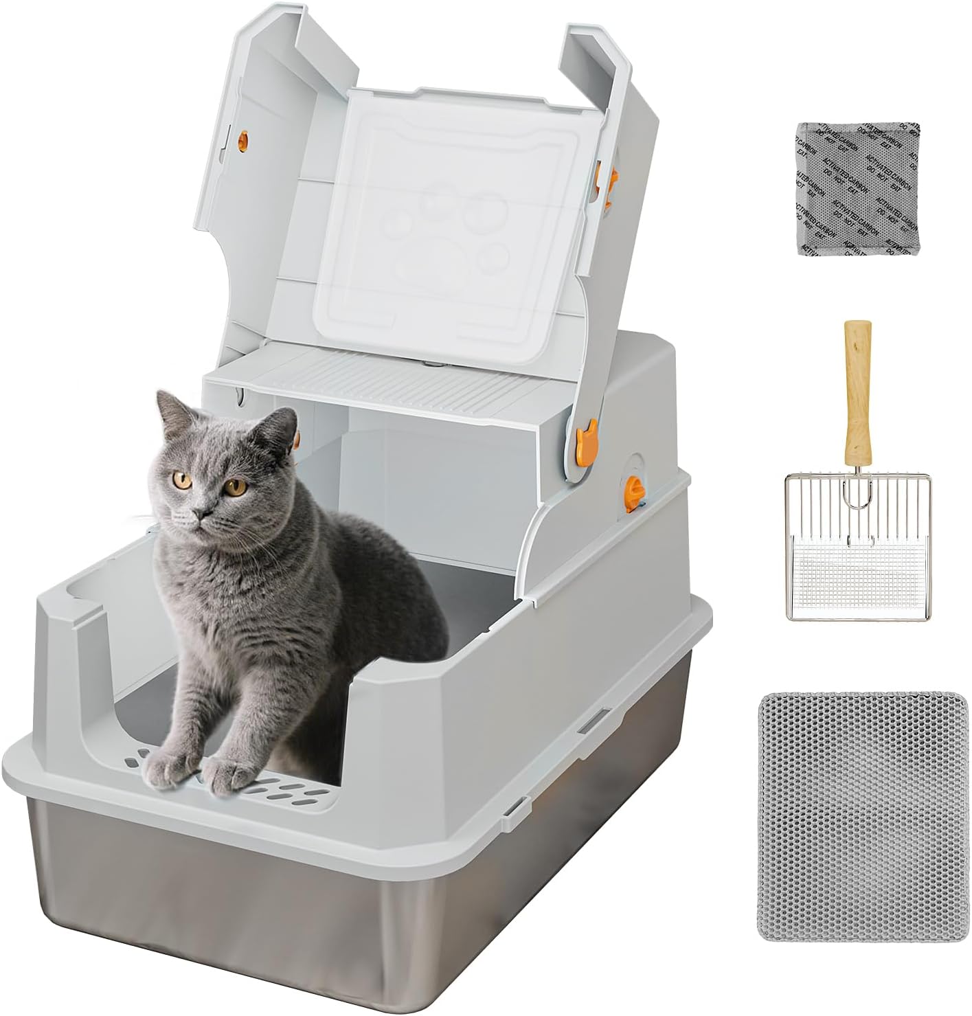 TENTIZON Stainless Steel Cat Litter Box, Extra Large Enclosed Kitty Litter Box with Removable Lid, Scoop, Pedal, XL High Sided Metal Litter Pan for Kitten, Big Cats Up to 11KG