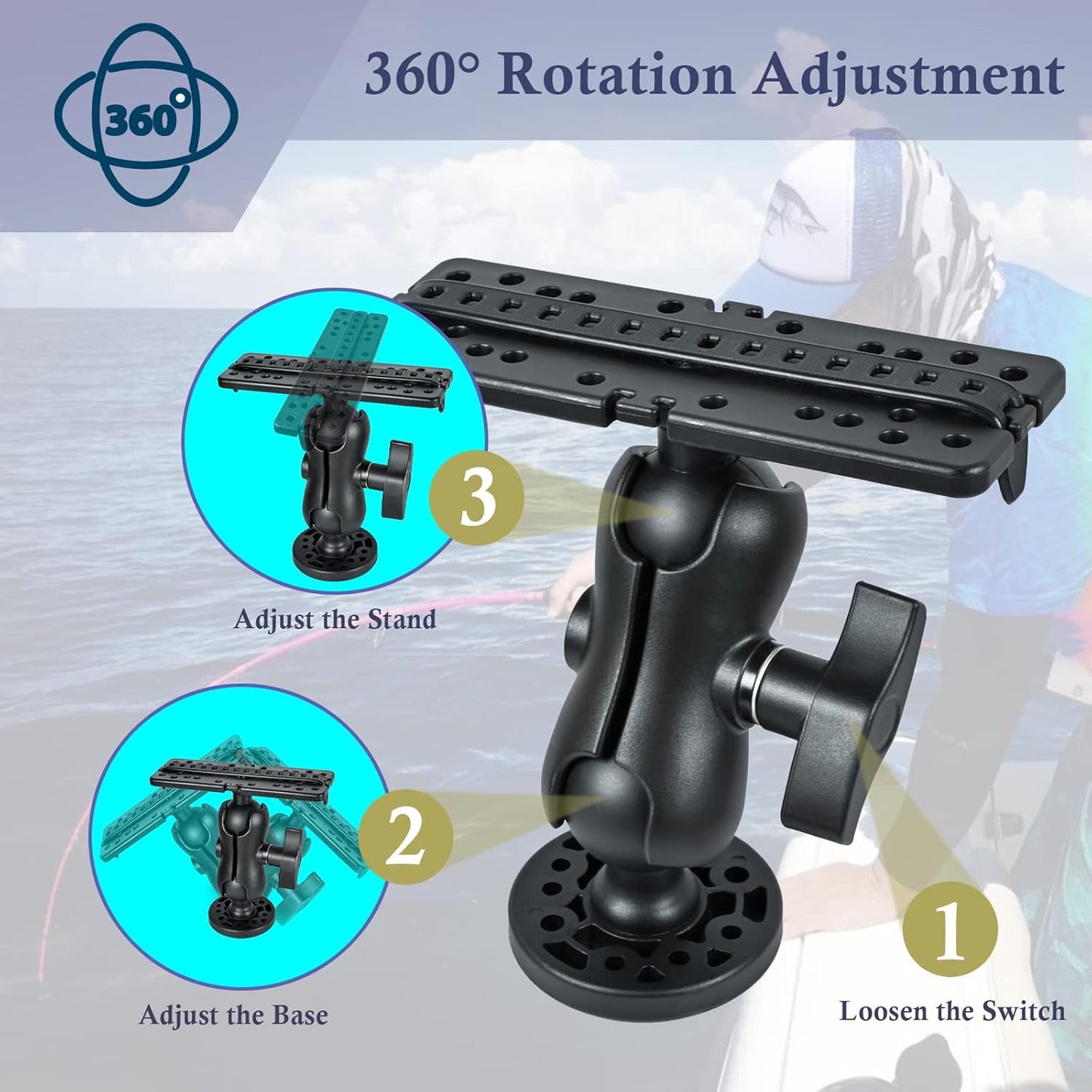Fish Finder Mount Base, Universal 360° Rotation Ball-Mount Bracket, Nylon & Stainless Steel Electronic Holder for Marine Boat Kayak Pontoon Canoe Helix Garmin, 4*Srews, 4*Nuts