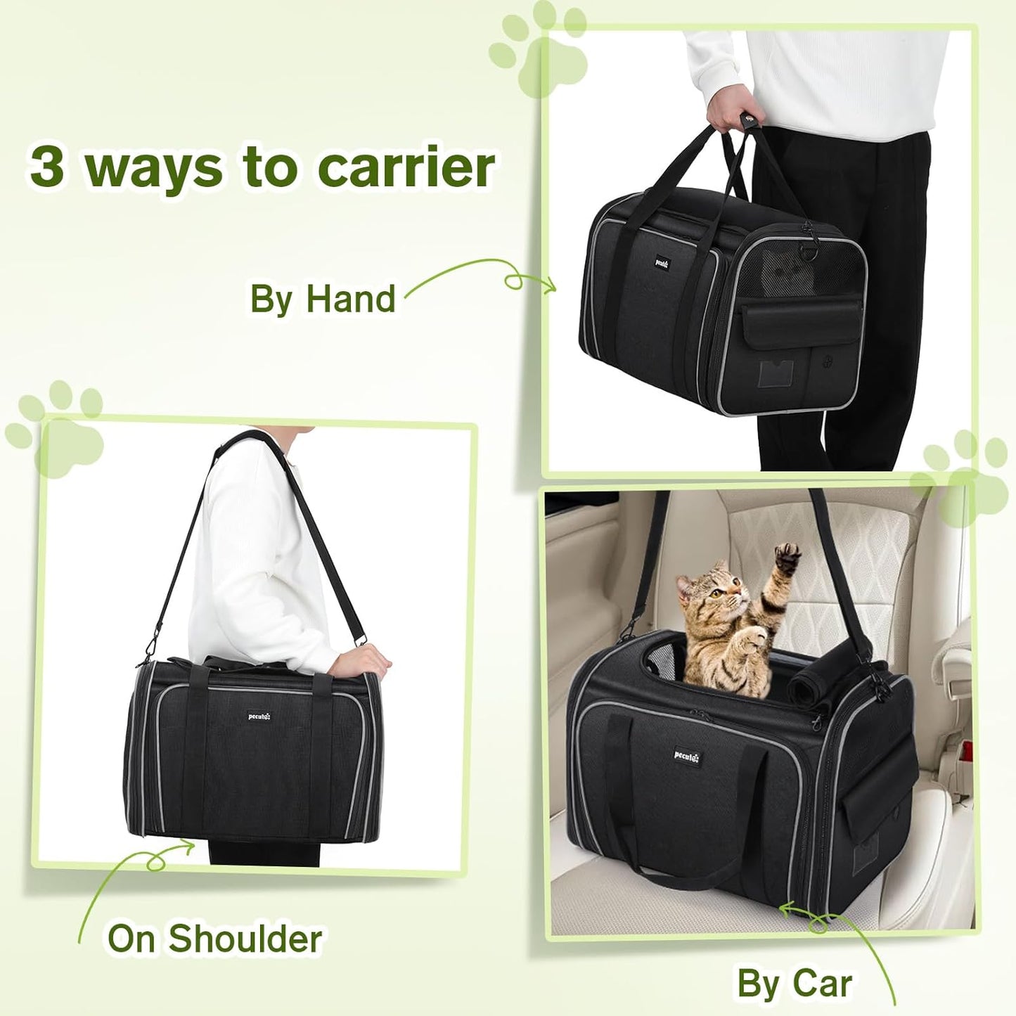 Pecute Cat Carrier Expandable 47x34x33cm, Dog Carrier Foldable, Pet Carrier with Breathable Mesh for Small to Medium Cats and Dogs, Used for Traveling, Camping, Going to The Vet Gray