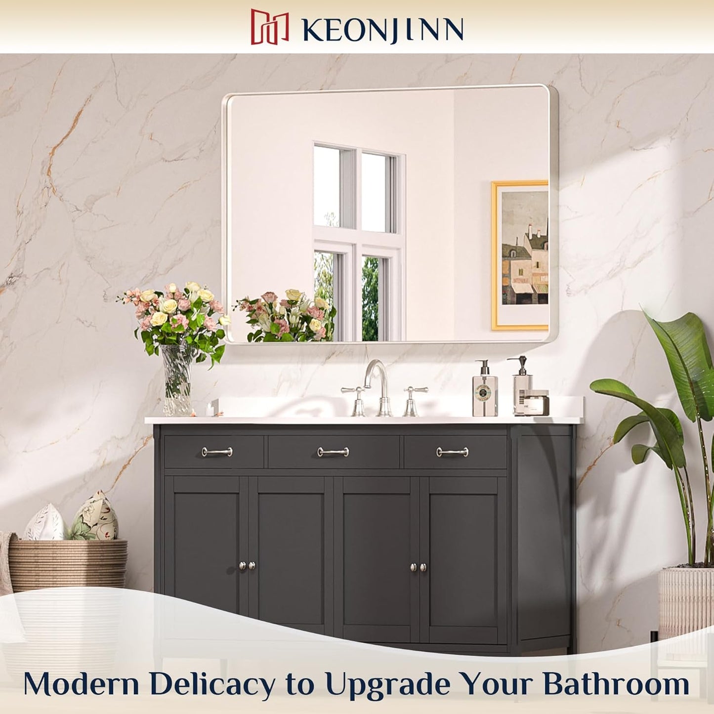 Keonjinn 42 x 36 Brushed Nickel Bathroom Vanity Mirror, Large Rounded Rectangle Bathroom Mirrors for over Sink, Metal Framed Silver Mirror for Wall, Shatterproof HD Tempered Glass(Horizontal/Vertical)