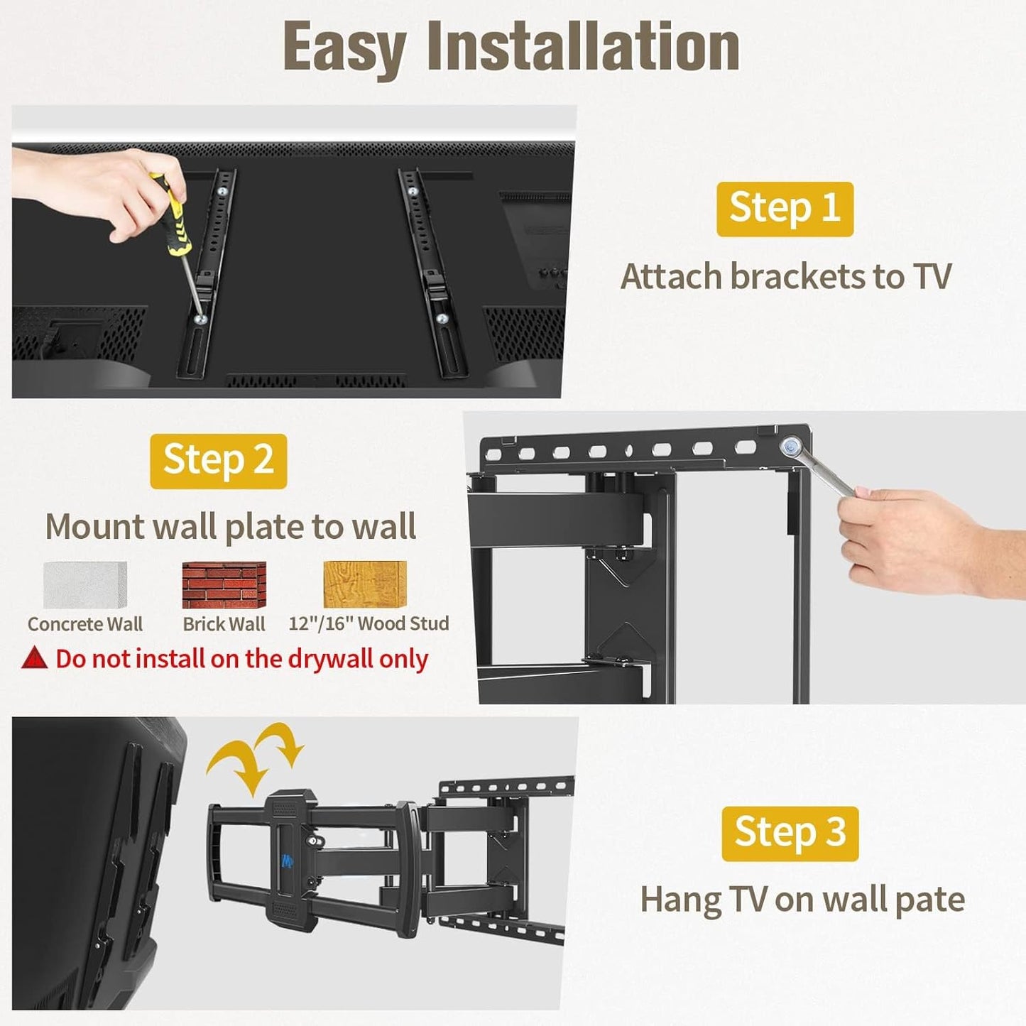 Mounting Dream TV Mount Bracket for Most 42-82 Inch Flat Screen TVs, Full Motion TV Wall Mounts with Swivel Articulating Dual Arms, Max VESA 600x400mm, 100 LBS Loading, Fits 16" Wood Studs, MD2296