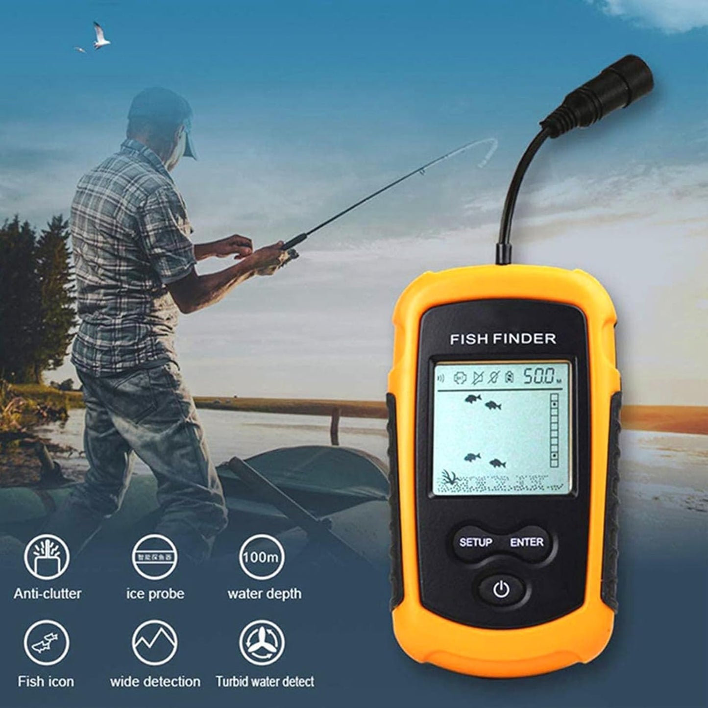 Portable Fish Depth Finder Sensitive Electronic Fishing Alarms Indicator LCD Display Handheld Fish Finder 200khz Sonar Frequency Castable Kayak Boat Fishfinder