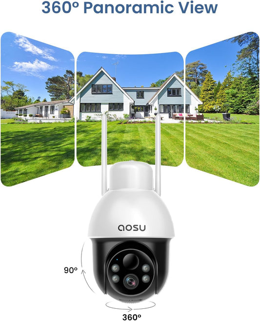 AOSU Solar Security Camera Wireless Outdoor with Panoramic PTZ, Human Auto Tracking, 2K Night Vision, Light and Sound Alarm, 2-Way Talk, Compatible with Alexa/Google Assistant for Home Surveillance