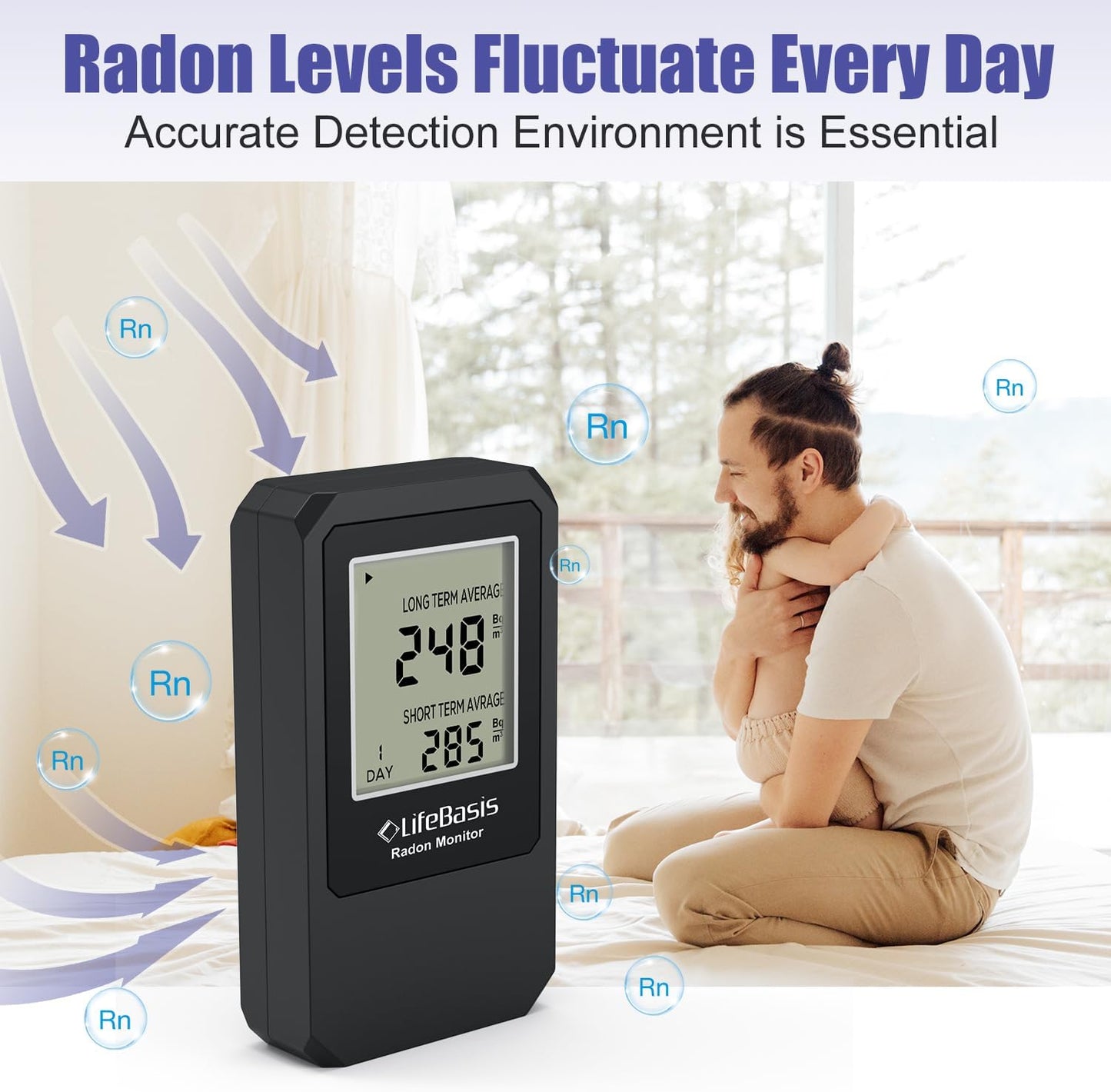 Life Basis Radon Detector for Home Radon Tester Portable with Large Screen Long and Short Term Radon Monitoring Battery Operated, Canadian Version in Bq/m - Dark Grey
