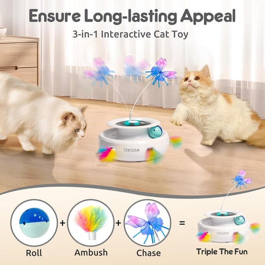 ORSDA Cat Toys Rechargeable, 3 in 1 Automatic Cat Toy, Moving Ambush Feather, Fluttering Butterfly, Track Balls, Whack a mole, with 4 Attachments