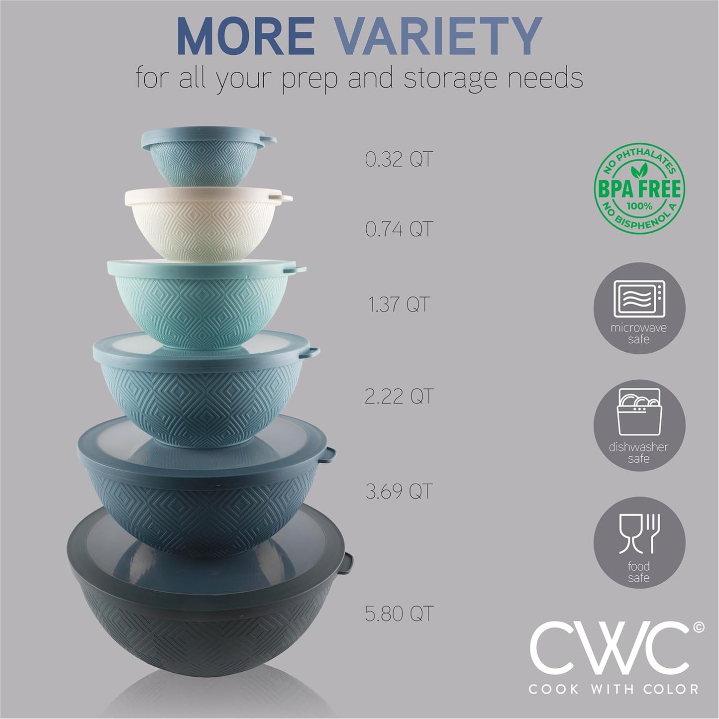 COOK WITH COLOR Mixing Bowls with TPR Lids - 12 Piece Plastic Nesting Bowls Set Includes 6 Prep Bowls and 6 Lids, Microwave Safe Mixing Bowl Set (Green)