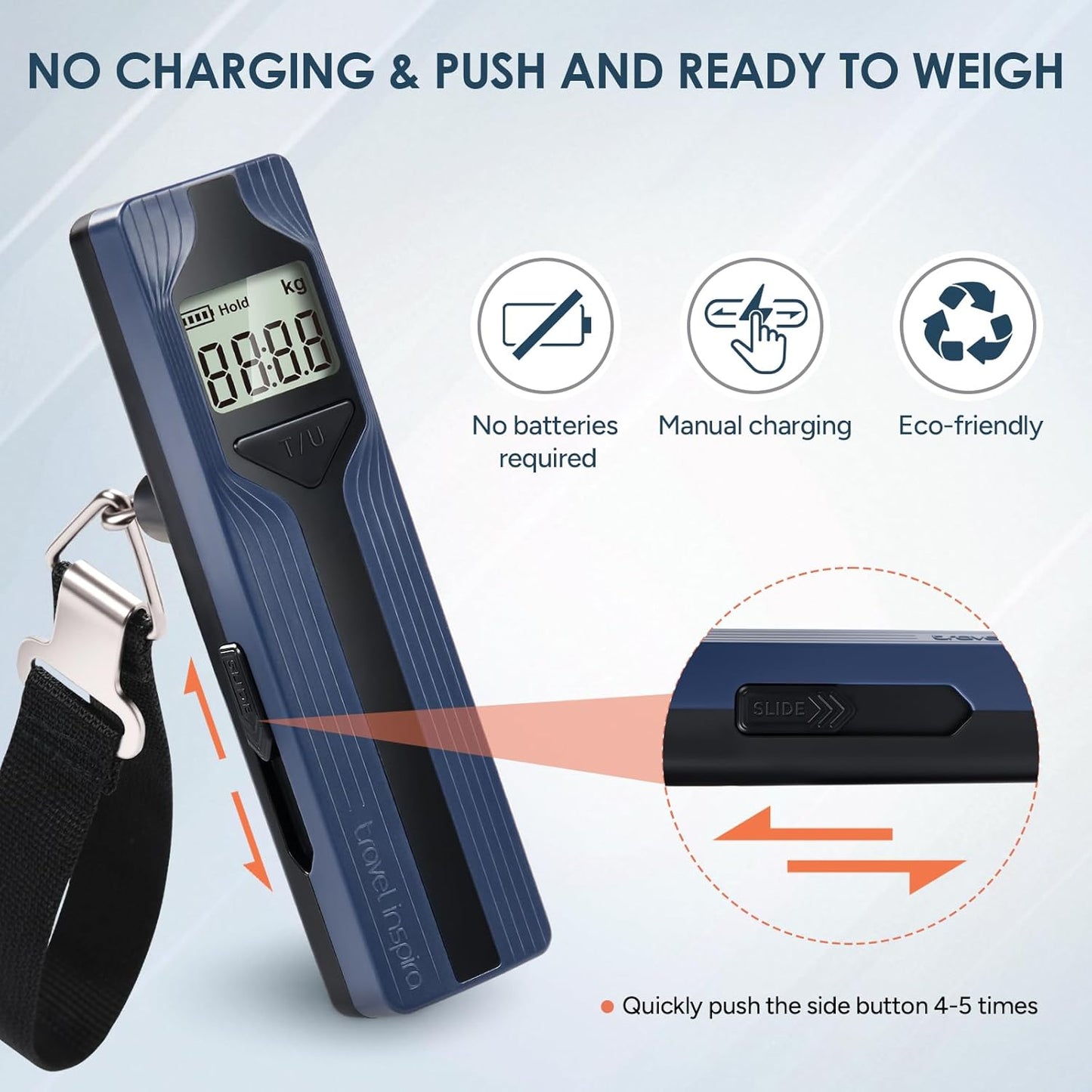 travel inspira Luggage Scale Battery-Free, Travel Essentials, Portable Handheld Digital Suitcase Weight Scale for for Travel Accessories, 110lbs/50kg (Gray)