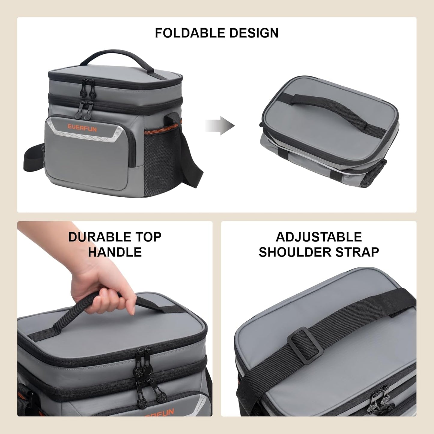 EVERFUN Cooler Bag Insulated Beach Cooler Lunch Bag Box for Men Women Dual Compartments Collapsible Waterproof Leak-Proof for Travel Work Picnic