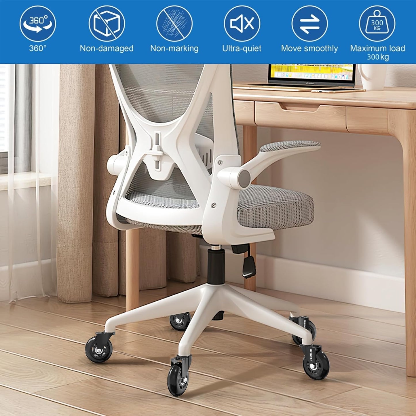 NATRKE Office Chair Wheel Replacement, 11×22 Office Chair Casters, 3" Rubber Caster Wheels for Swivel Chair for All Floors Hardwood Carpet, 5 Pack (Clear)