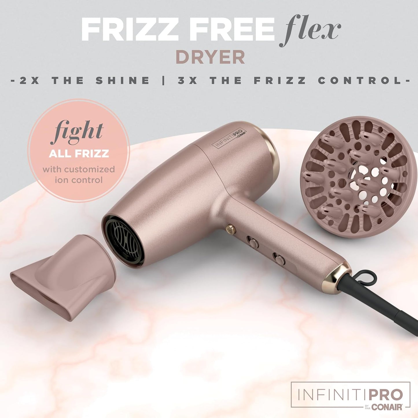 InfinitiPRO by Conair 750C Frizz Free Pro Dryer, 3 Heat/2 Speed Settings, Includes Diffuser and 2 Contentrators, Rose Gold, Hair Dryer