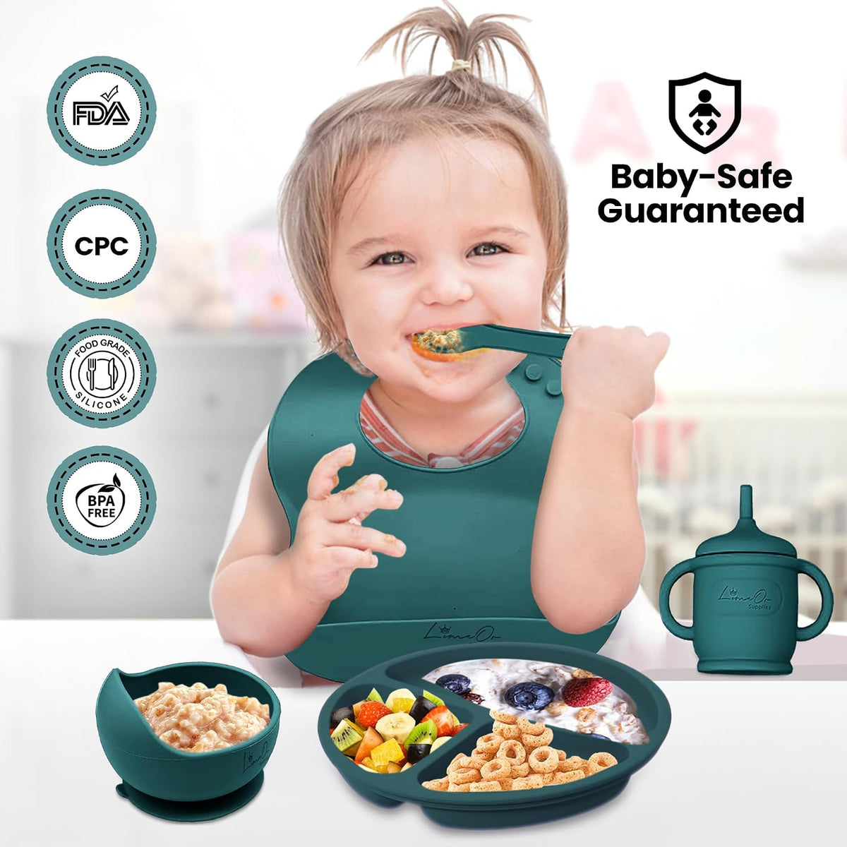 Silicone Baby Feeding Set, 14PCS, Silicone Bibs Baby Plates and Bowls Set