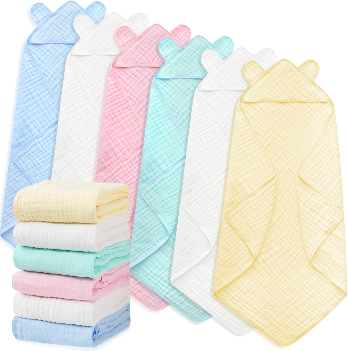 Preboun 6 Pcs Muslin Baby Bath Towel with Hood 6 Layers Cute Hooded Baby Towels Cotton Absorbent Baby Hooded Towel for Newborn Kids Girl Infant Boys Toddler Shower Gift Supplies (Multicolor)