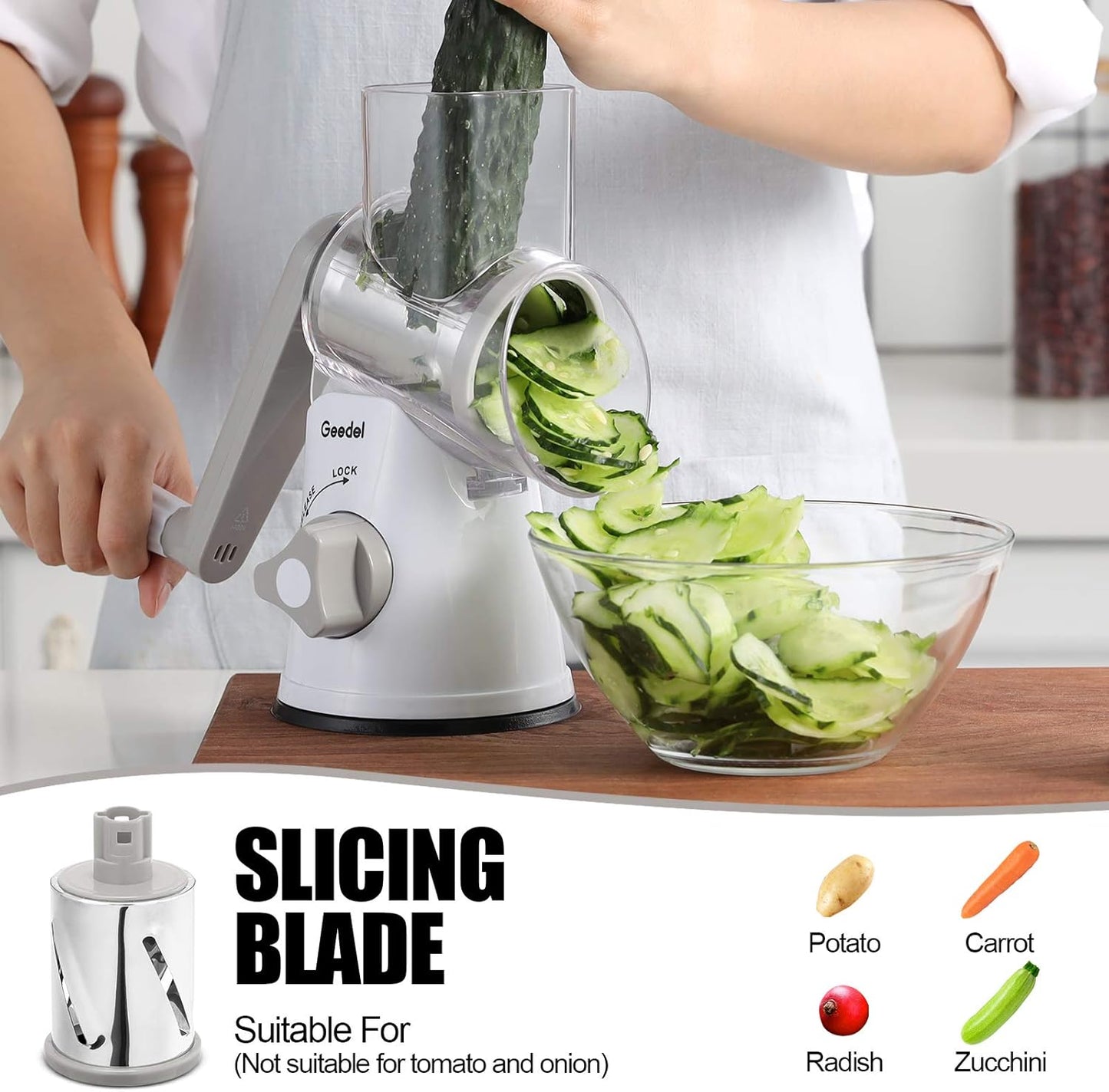 Geedel Kitchen Cheese Grater, Rotary Mandoline Vegetable Slicer with Interchangeable Blades, Easy to Use Rotary Grater Slicer for Fruit, Vegetables, Nuts