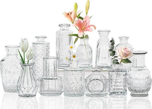 Sawoake Mini Bud Vases As Wedding Centerpieces for Tables,Clear Bud Vases for Flowers,Small Flower Vases Suitable for Birthday Party,Anniversary,Wedding Reception,Baby Shower (Clear-12PCS)
